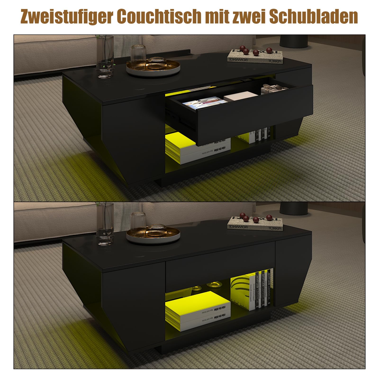 KEEPREAPER Couchtisch Wohnzimmertisch mit LED und 2 Schubladen Hochglanz