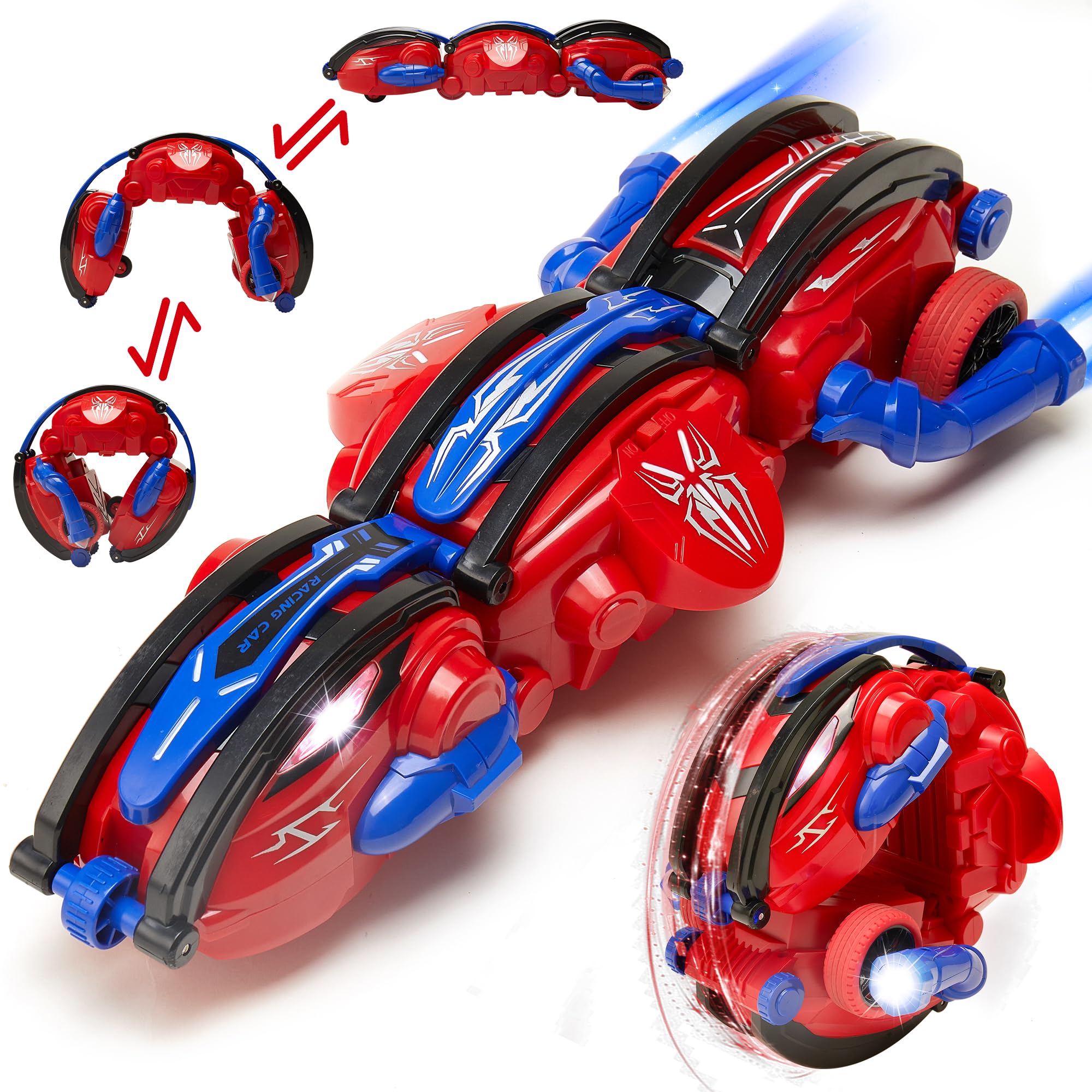 2.4Ghz Spider RC Cars with LED Lights, 360° Rolling Remote Control Car Rotating RC Stunt Car for Kids 6 7 8 9+ Year Old, Rechargeable Snake Indoor Outdoor Spider Toys for Boys 6 7 8-13