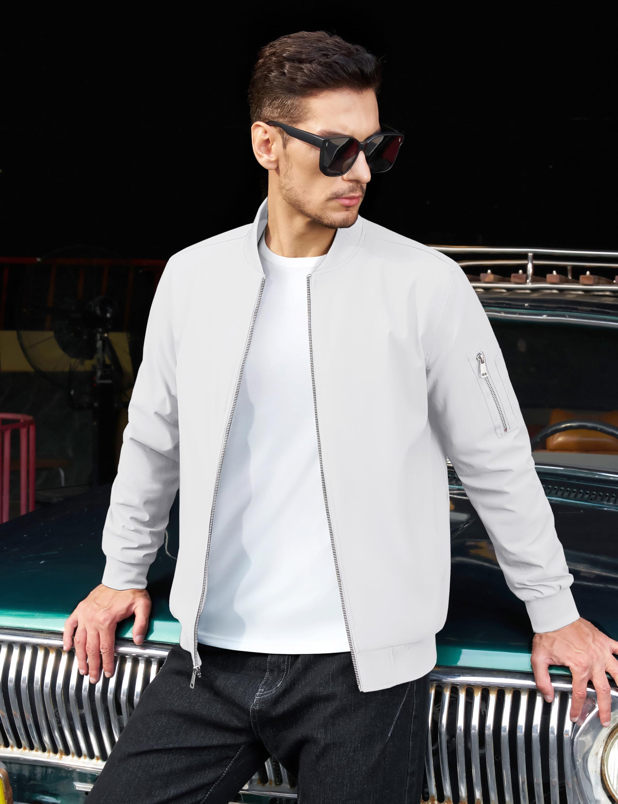 TACVASEN Giacca da uomo leggera bomber con tasca sulle maniche, per autunno e mezza stagione con colletto alto, con tasca interna