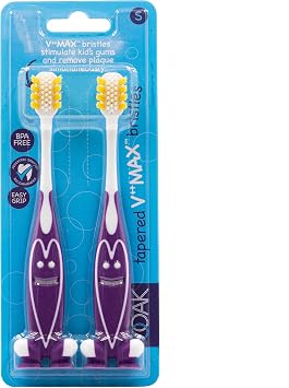 Ooak Kids Toothbrush, Tapered V++Max Bristles, Happy Face 2 Pack - Purple