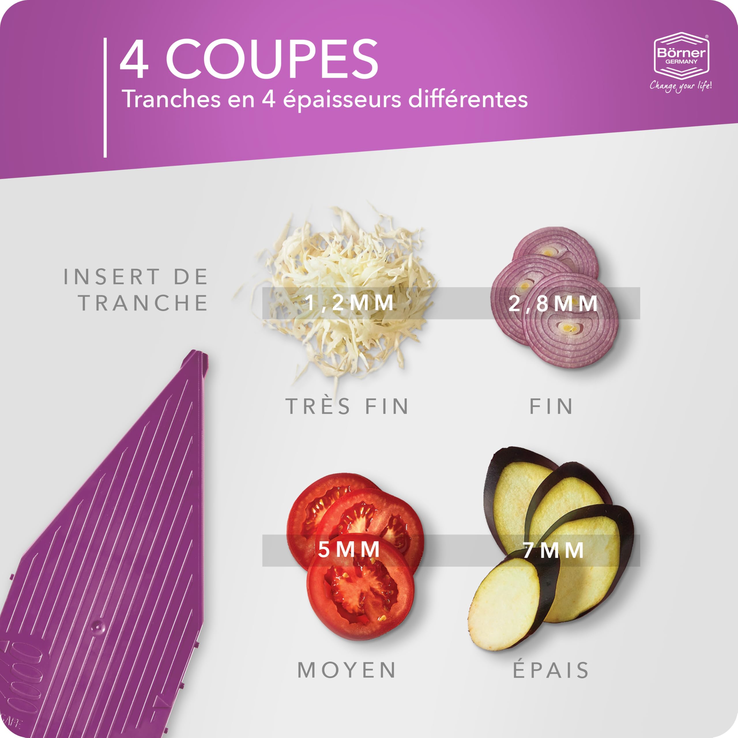 Coupe-Légumes Börner V5 (Set de Base) • Mandoline en V pour tranches de 4 épaisseurs • Trancheuse avec lame en acier inoxydable • Mandoline réglable pour fruits & légumes • Violet