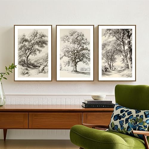 Miniatura 6 de Zessonic Arte de Pared de Boceto de Árbol Vintage Lienzo Botánico de Naturaleza Salvaje Juego de Arte de Árbol de Roble de 3 Piezas, Impresiones