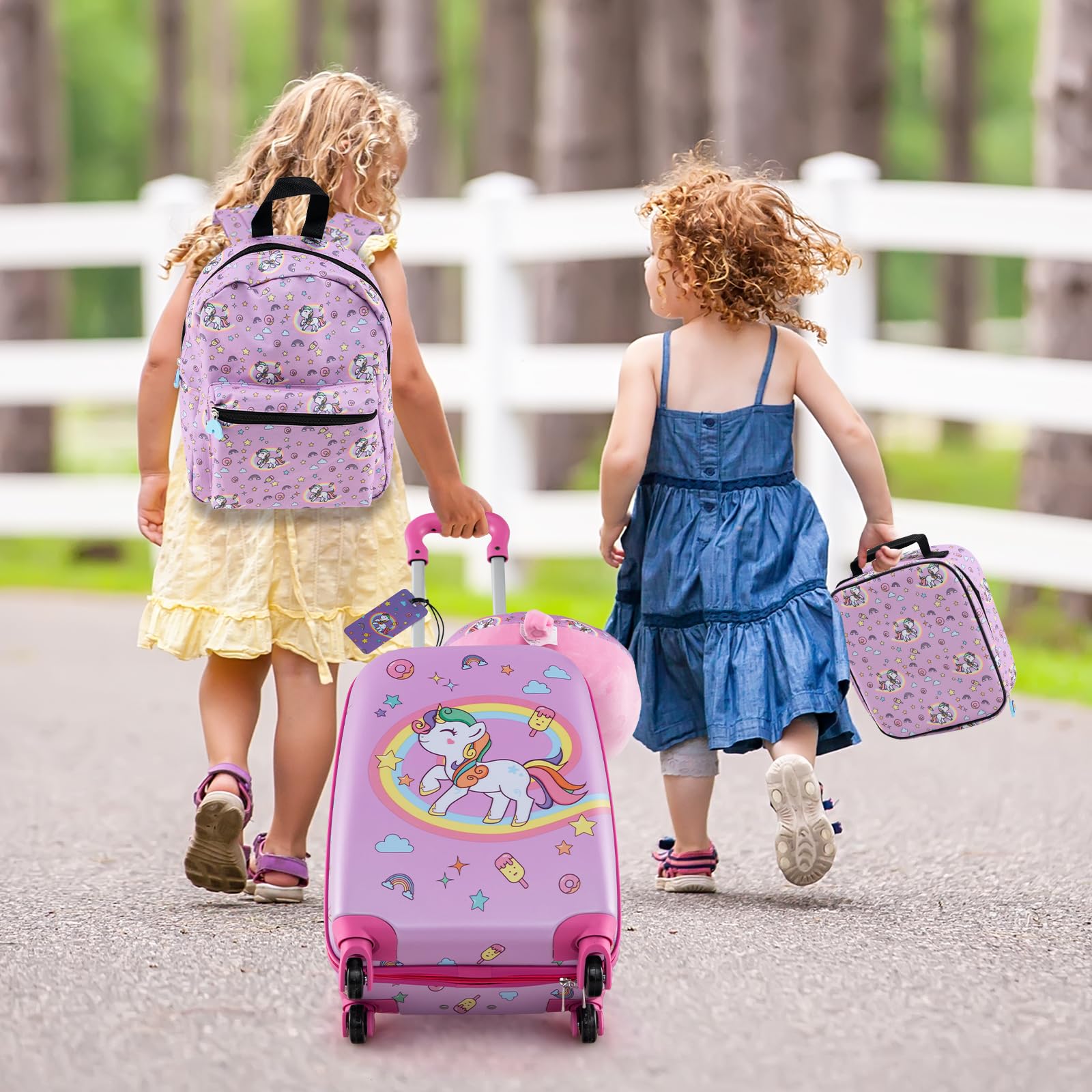 DREAMADE Valise Enfant 16" et Sac à Dos 13" avec Oreiller Cervical&Sac-Repas Isolé&Étiquette,Bagage à Main Enfants 5 Pièces avec 4 Roues à 360°,Ensemble Valise Roulette Garçon Filles (Licorne Rose)