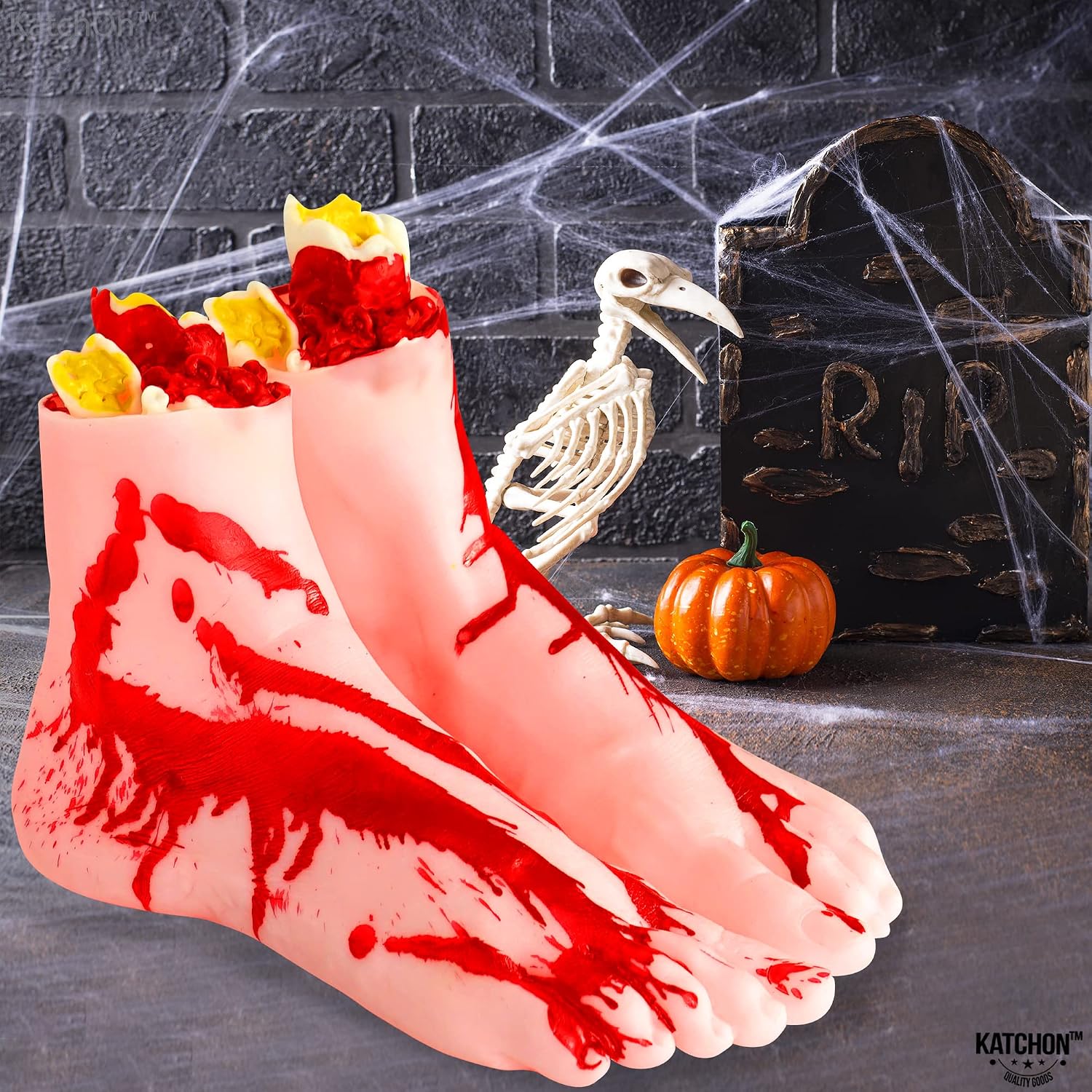 KatchOn, Realistic Halloween Fake Feet Prop - Standard Size | Bloody Feet for Halloween Party Decorations | Halloween Feet Props | Severed Foot, Halloween Props | Blood Zombie Feet for Cosplay