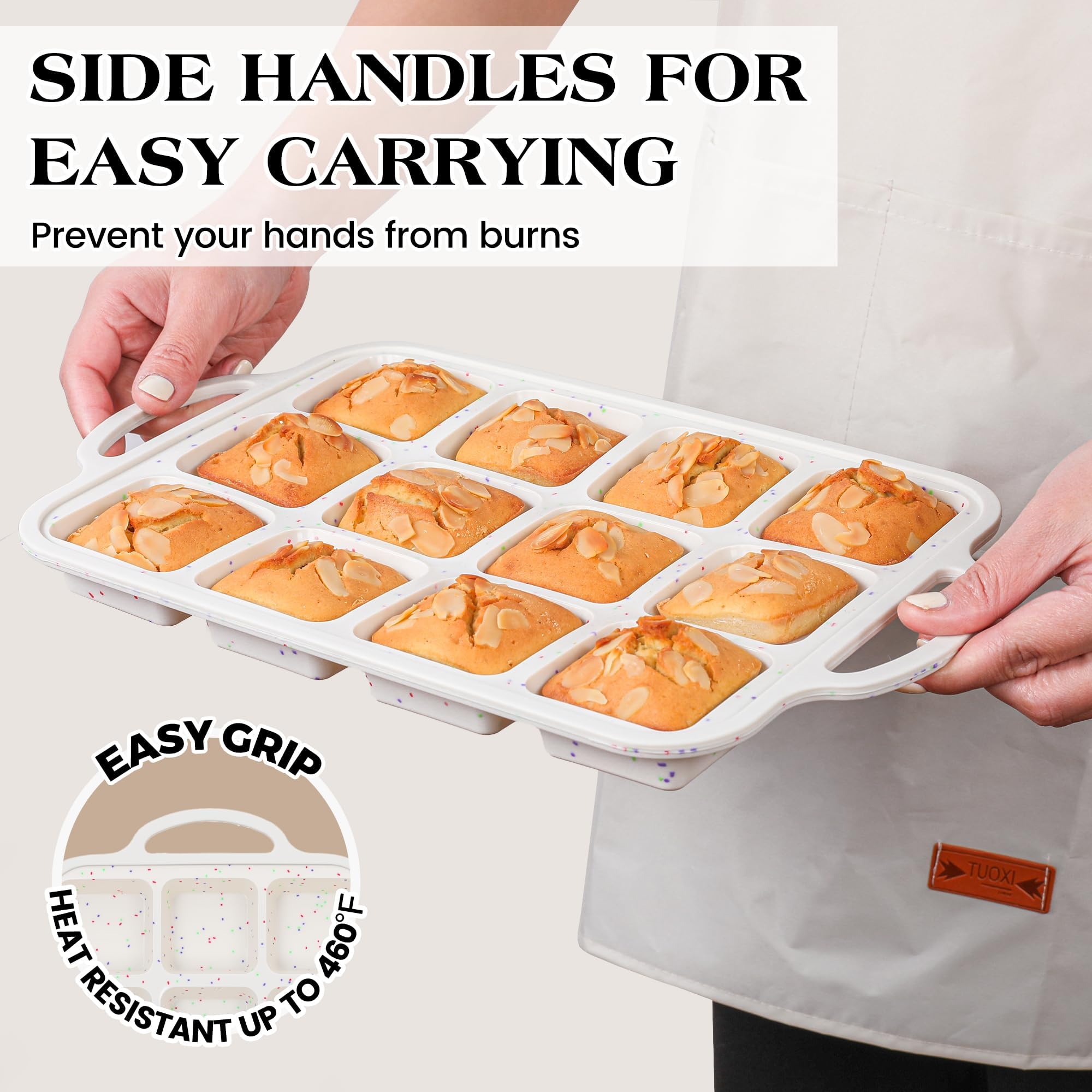 Lot de 2 mini moules à brownie carrés en silicone avec séparateurs pour la cuisson individuelle antiadhésive, 12 muffins, cupcakes avec cadre renforcé en métal (crème)