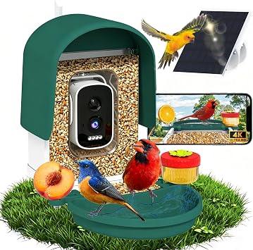 Bird Feeder Camera with 4K HD, App Alerts & Two-Way Audio, Solar Panel, 32GB Card 4-in-1 Perch, 160 View, Auto Detect & AI Identify - Wireless Outdoors Weatherproof Design Army Green
