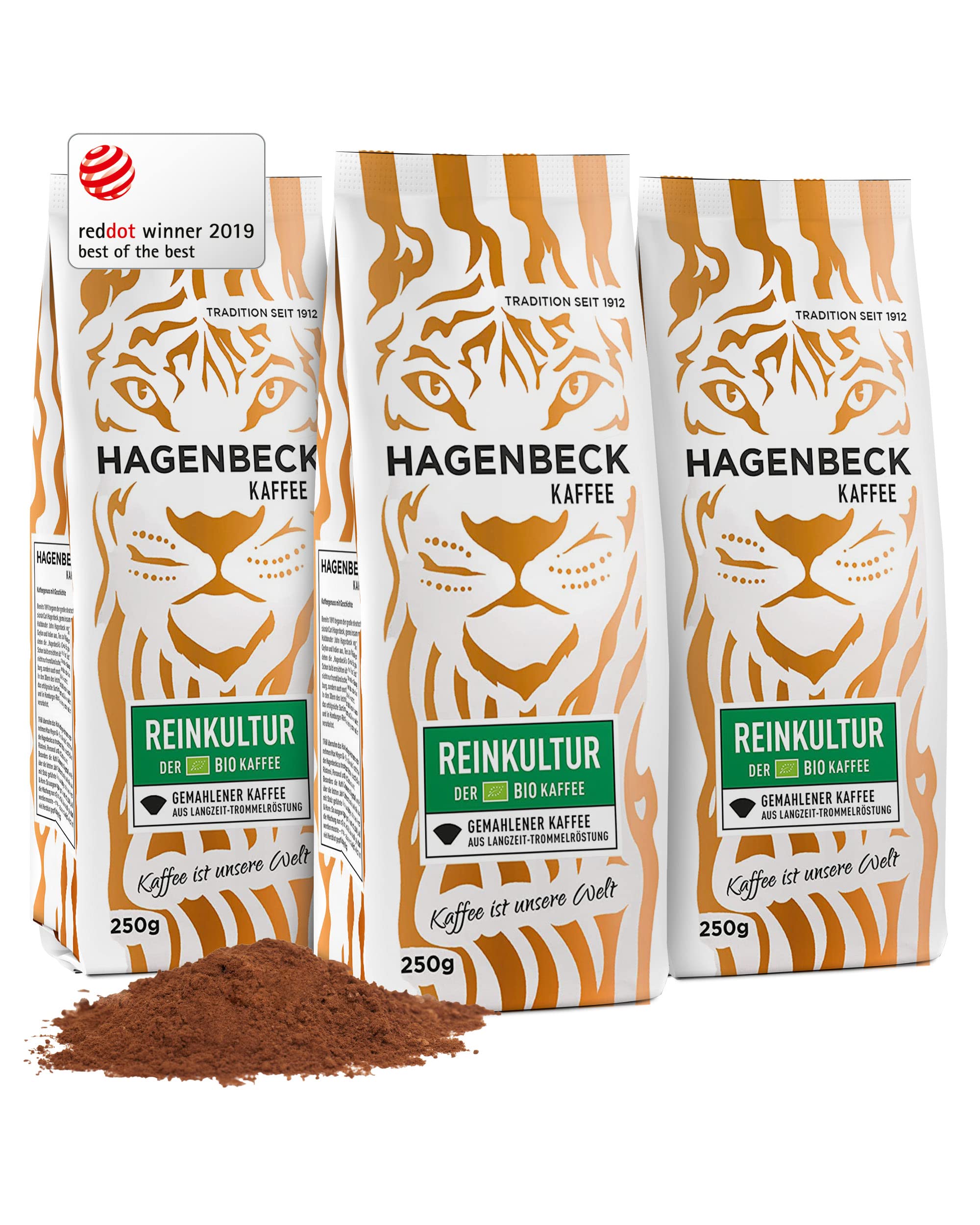 Hagenbeck Bio-Reinkultur 3x250g | Bio-Kaffee gemahlen | Klassisch-aromatisch | 100% Bio-Arabica | Norddeutsche Röstung