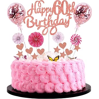 Cake Decoration 60th Birthday - Cake Topper Happy Birthday 60 Years - Cake Decoration Pink Rose Gold for Women