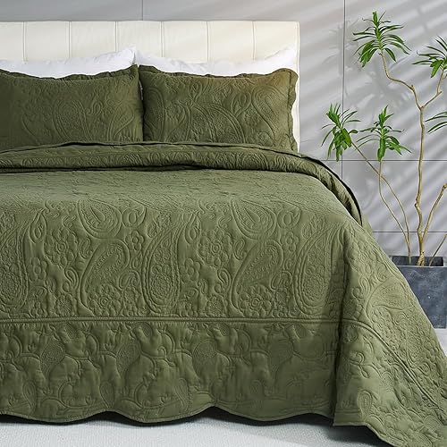 Miniatura 4 de EVENHUG Juego de edredón de tamaño King, suave, ligero, verde oliva, con 2 fundas de almohada, colcha reversible para todas las estaciones, 3 piezas