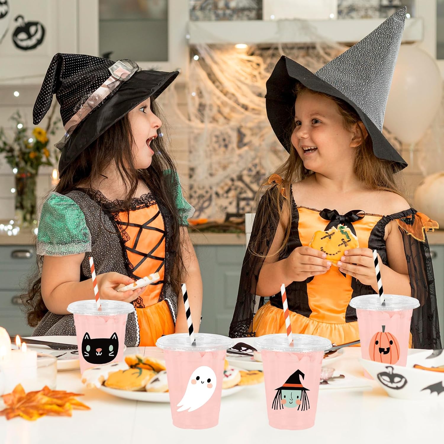 Whaline 48Pcs 12Oz Halloween Plastic Cups with Lids & Straws Ghost Pumpkin Black Cat Disposable Clear Drinking Cups for Holiday Birthday Party Supplies - Image 7