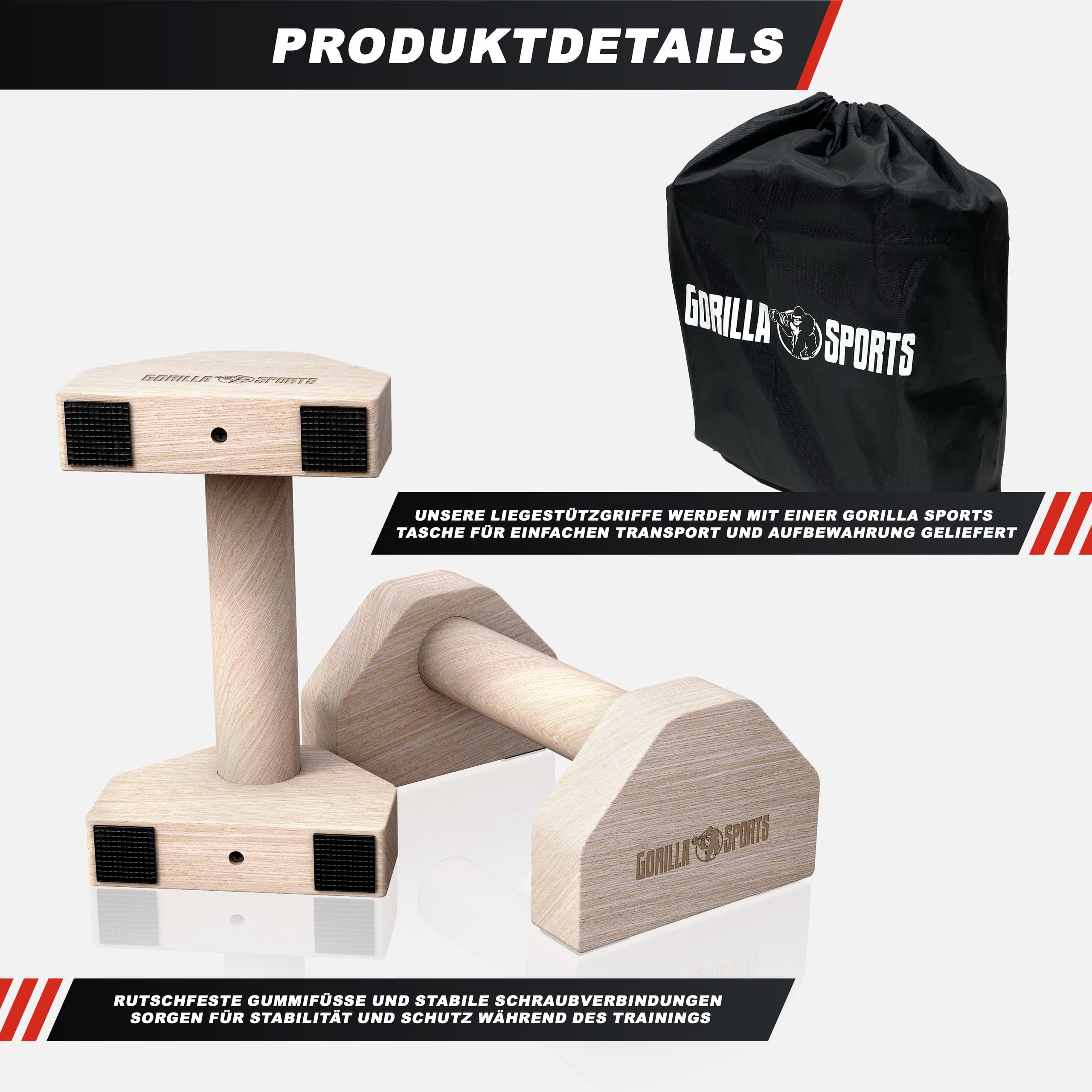 GORILLA SPORTS® Parallettes Calisthenics - Pieds en Caoutchouc Antidérapants, Durable, en Bois, Max 300kg, Sac Inclus - Barres Parallèles, Poignet Musculation, Fitness Materiel, Sport Maison