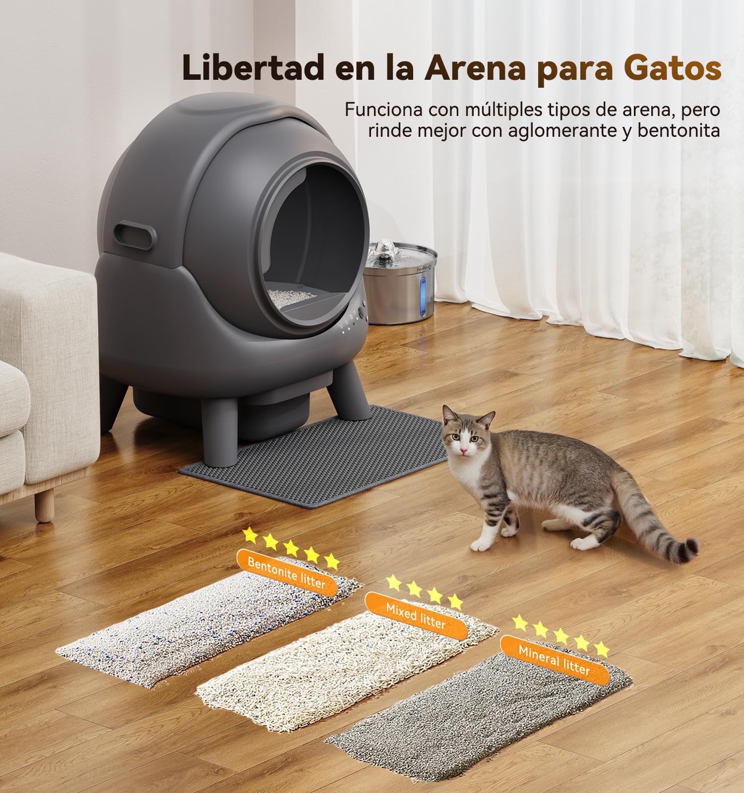 Arenero Gatos Autolimpiable Caja de Arena Sin Olor 65L +1 Bolsa de Basura | FEELNEEDY Control de Olores,App Monitor en Tiempo Real,Sensores de Seguridad con Varios Gatos (1-8 kg)