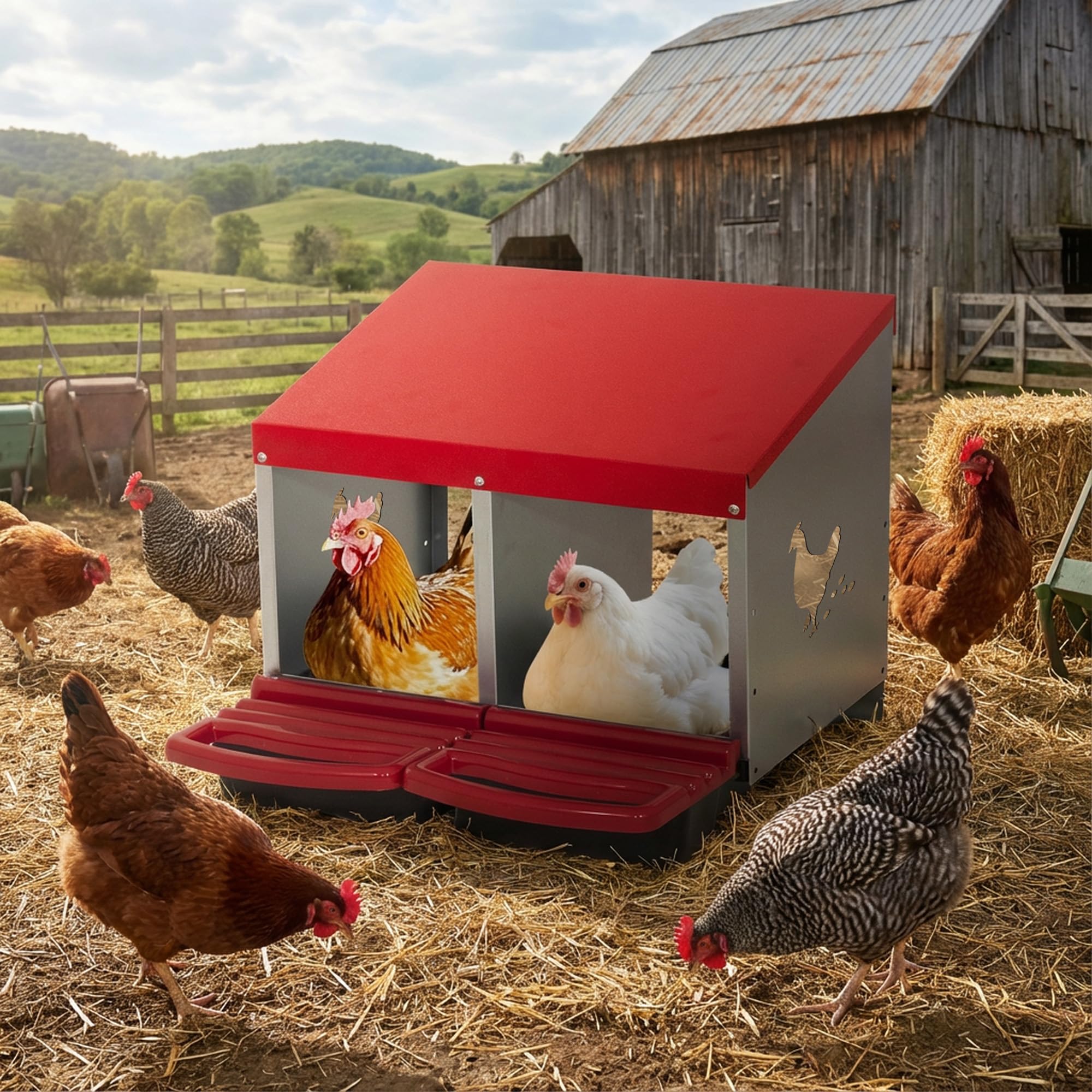 Legenester für Hühner, 2 Abteile, Abrollnest aus Robustem Metall mit Fangschale & Lüftungsschlitzen, Geflügelnest für Hennen, Enten, zur Wandmontage, 47,5x53x53,4 cm