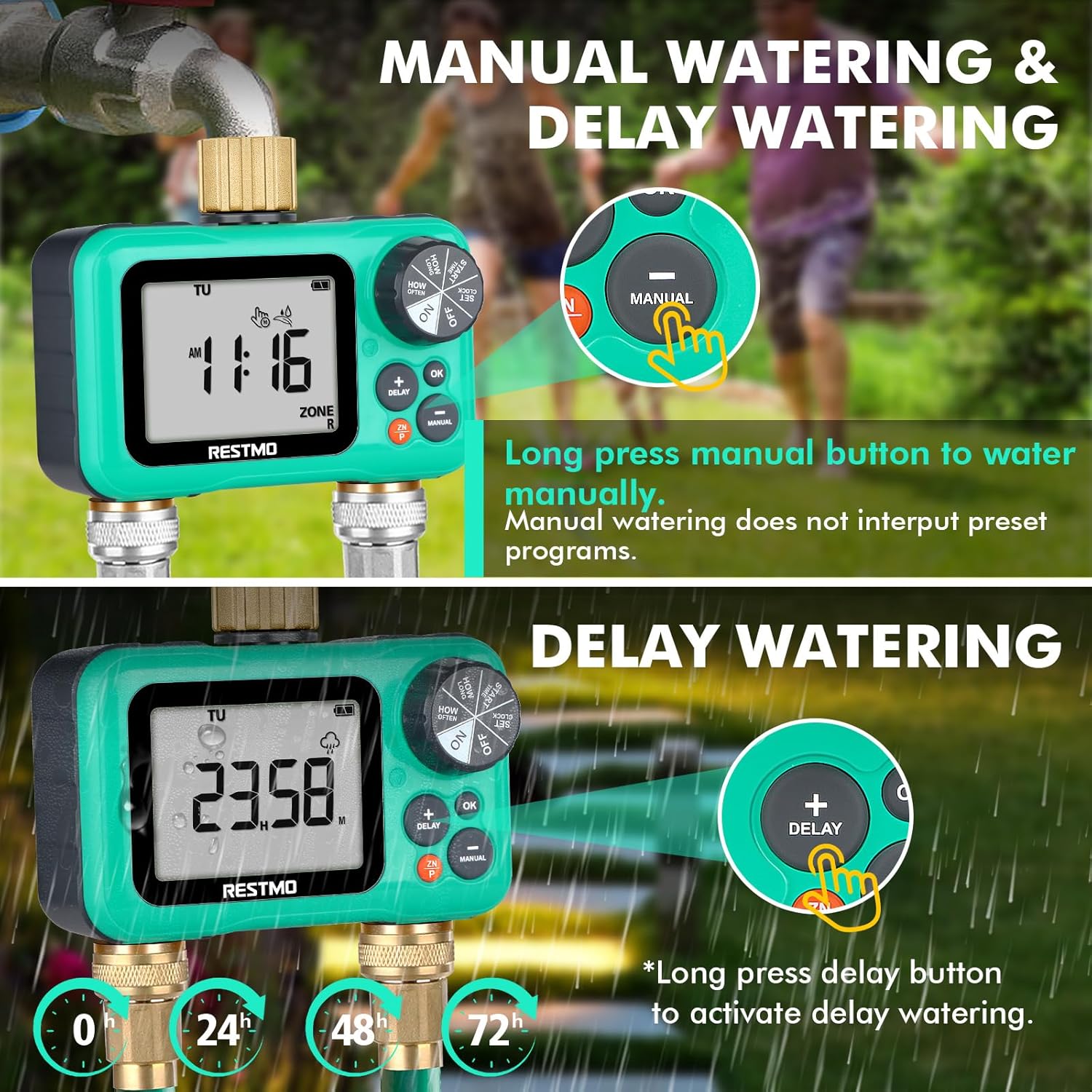 Instructions for manual watering and delay watering functions on the timer.