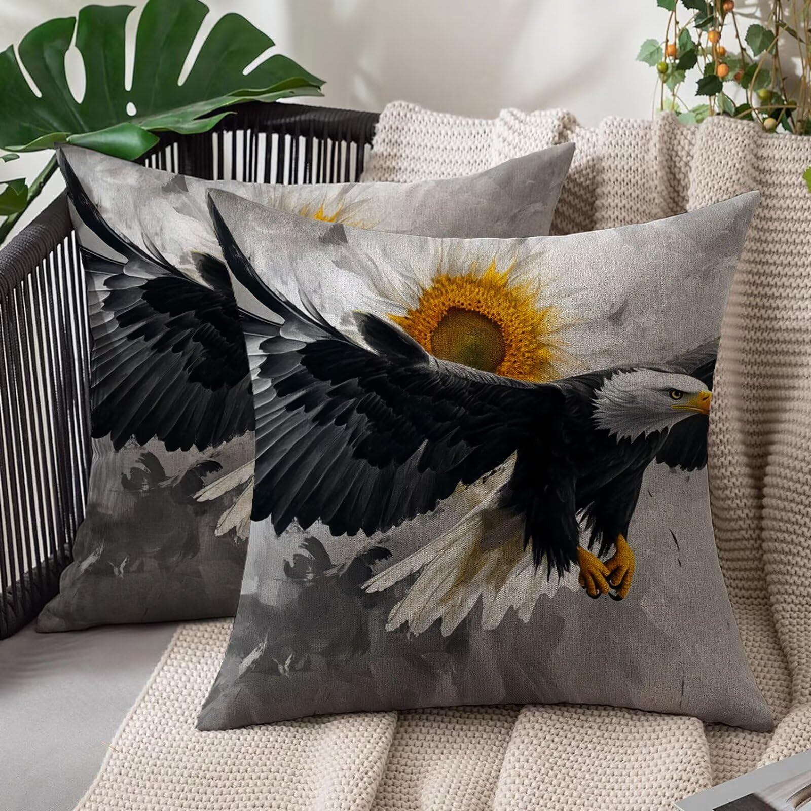 Housse de coussin 60x60 cm imperméable lot de 2 en lin imprimé aigle