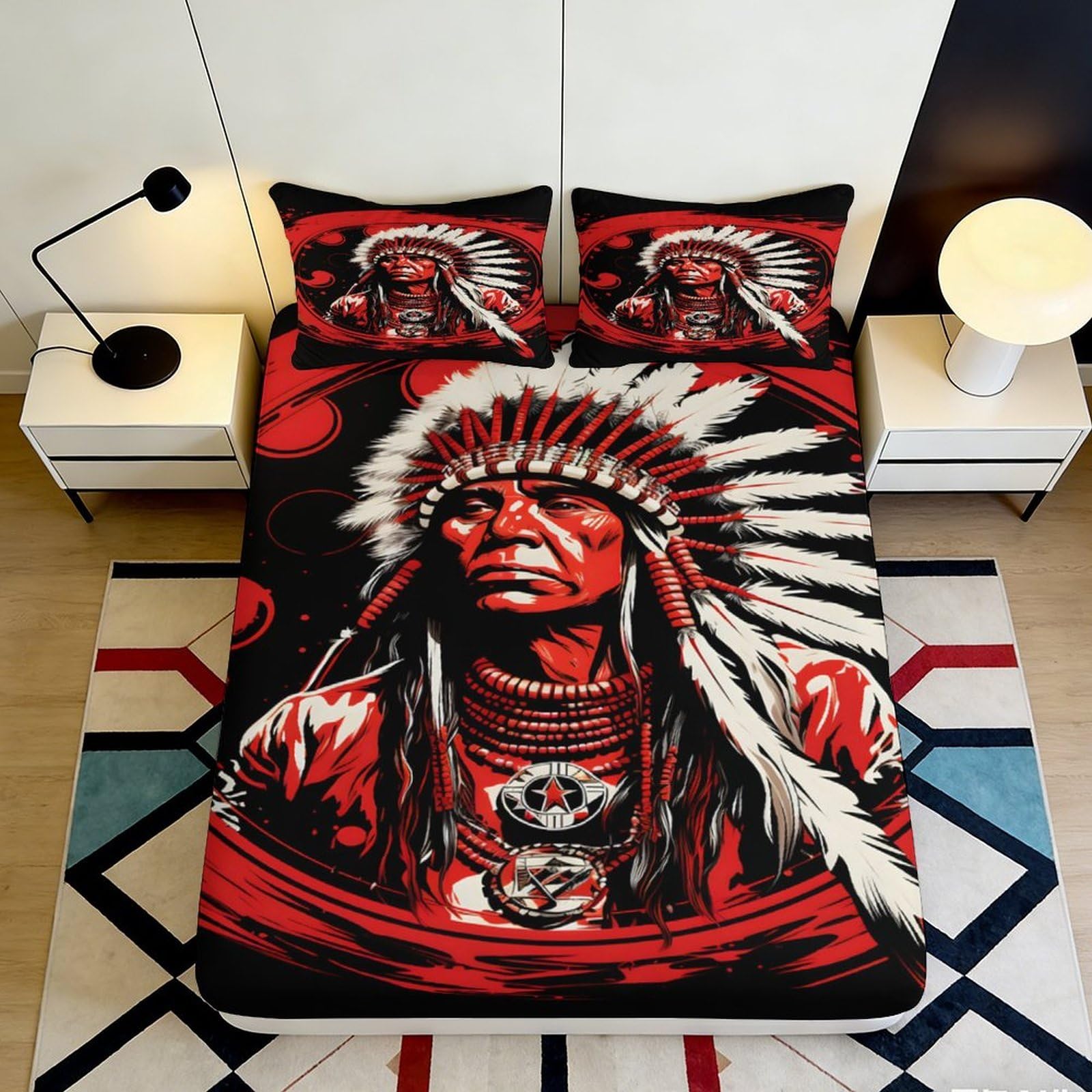 3D Printed Native Chief Fitted Sheet Microfiber Red Black Tribal Bed Cover for Bedroom Guest Room Mattress Decor 90x200x25cm