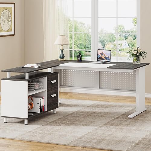 Miniatura 8 de Tribesigns Escritorio ejecutivo de 63 pulgadas con archivador, escritorio de oficina en forma de L con cajones y estantes de almacenamiento, juego