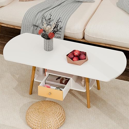 Scandinavian Style Coffee Table with Double Storage Shelf, Solid Wood