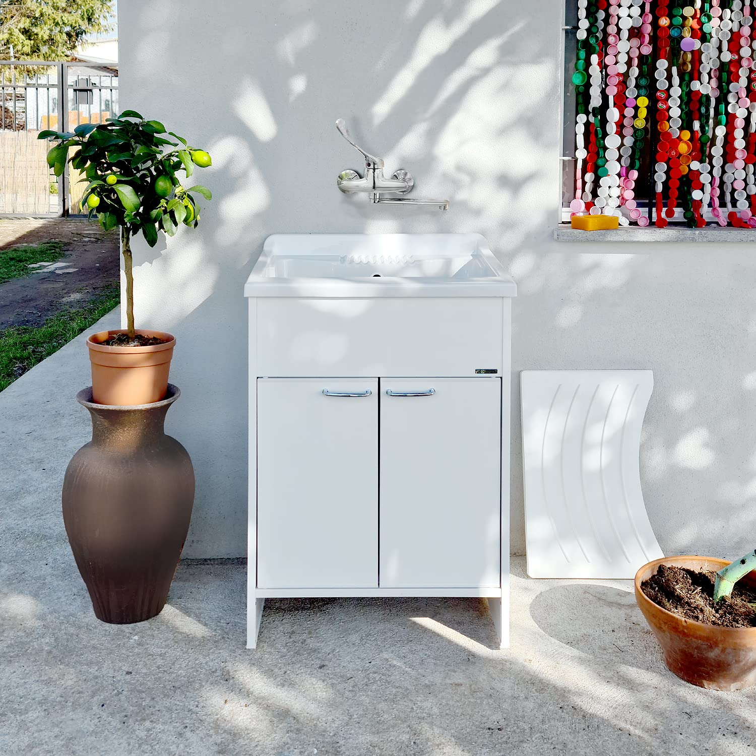 Jo-Bagno.it Lavatoio Lavanderia da esterno giardino e terrazzo salvaspazio in Resina e PVC Bianco, Vasca e Tavola in Plastica 60 x 60 x 85 cm