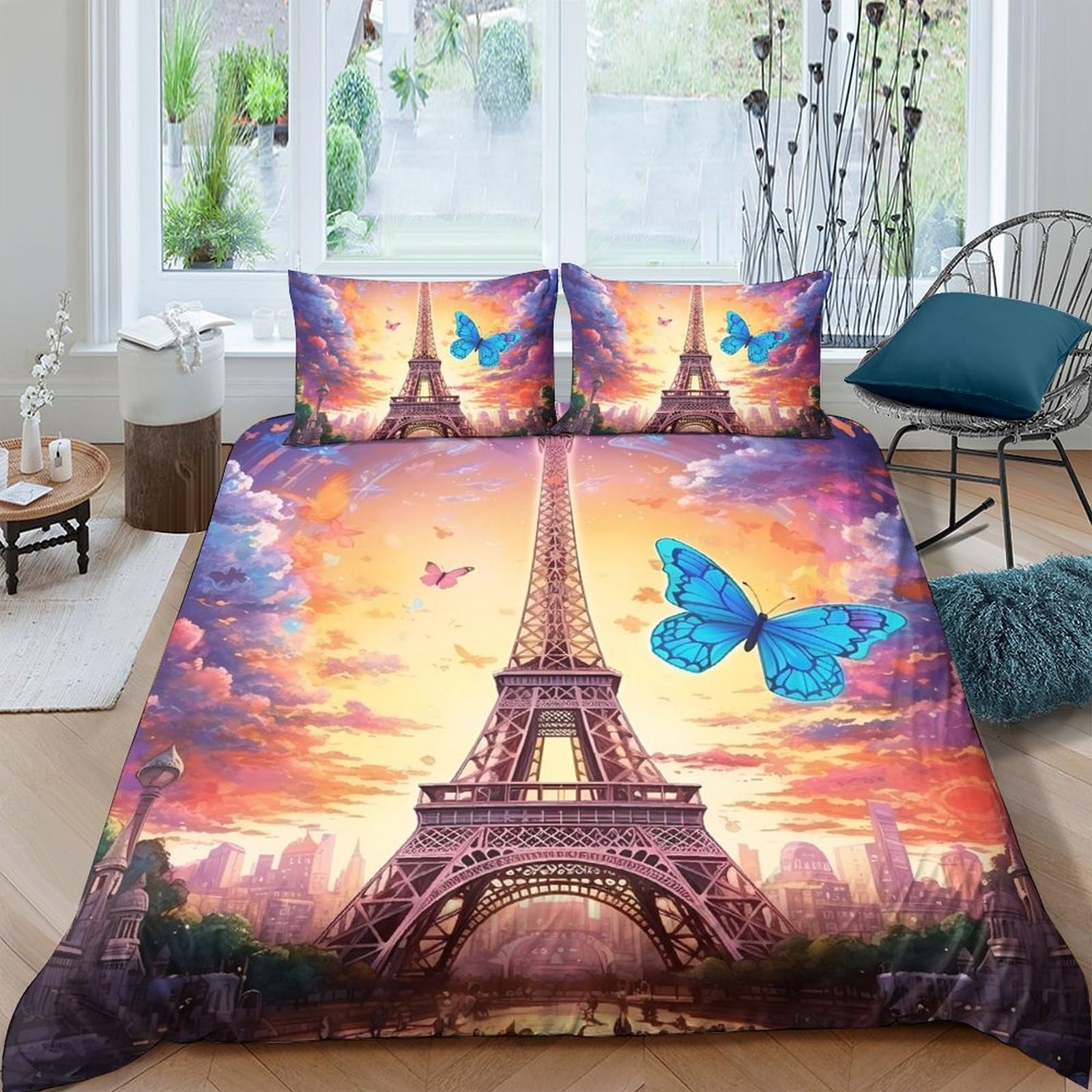 Ctjqhvkz Style-7 3D Printed Eiffel Tower Sunset Fitted Sheet Microfiber Soft Bed Cover Blue Butterfly Bedroom Decor Mattress Protection Single（135X200cm）