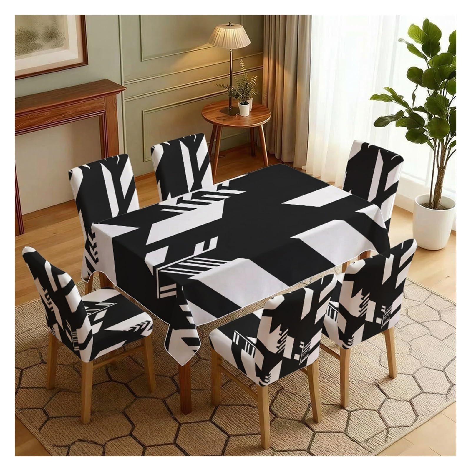 KXUAUV Black White Geometric Print Stretch Dining Chair Covers Tablecloth Set, For Kitchen Dining Living Room Modern Decor, 5/7 Pack Party Decor(7pcs Set: Tablecloth+Chair Covers)
