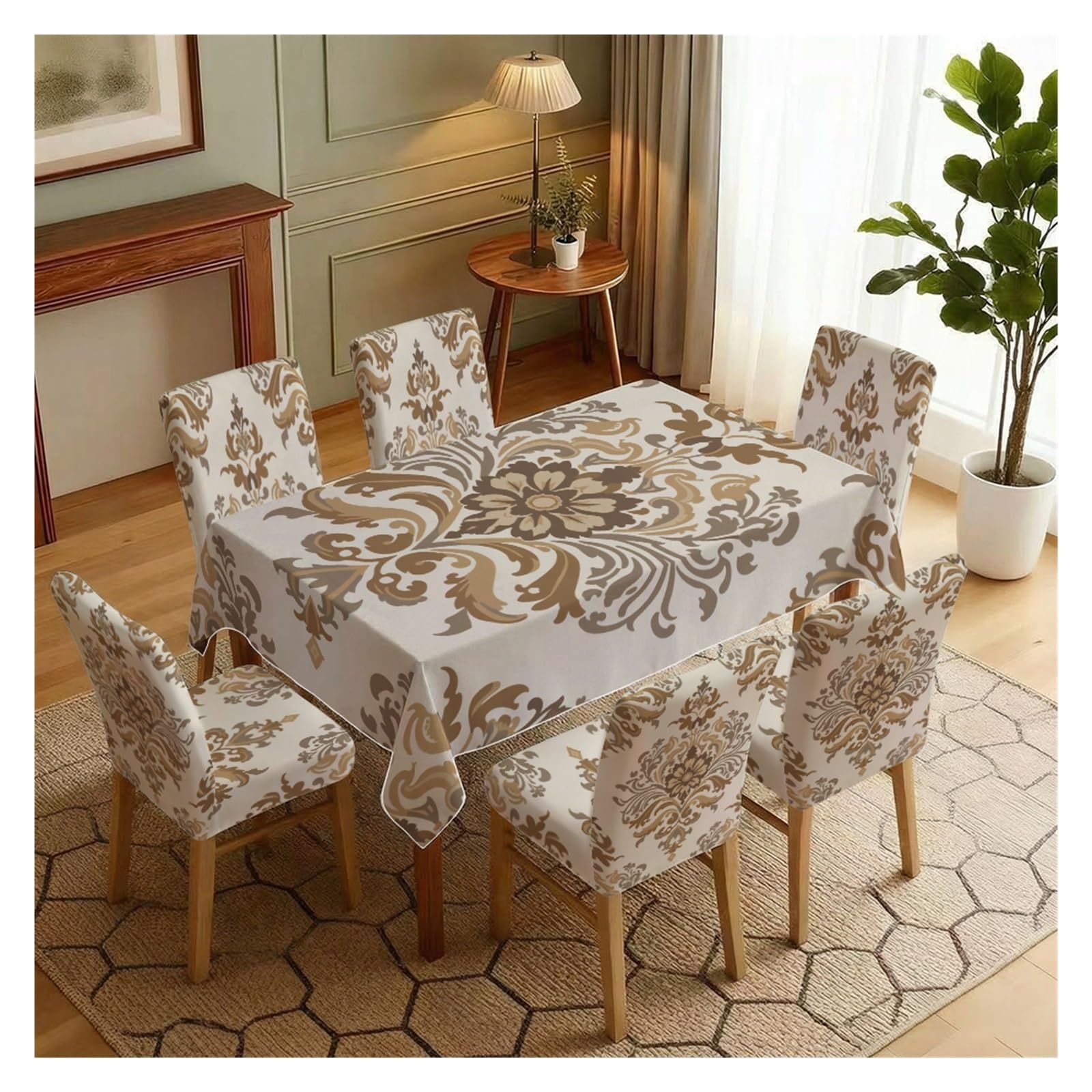 BOSUYBN Baroque Luxury Dining Chair Covers With Tablecloth Set, 5/7 Piece Printed Chair Slipcovers For Classic Dining And Home Decor Table Setting(7pcs Set: Tablecloth+Chair Covers)