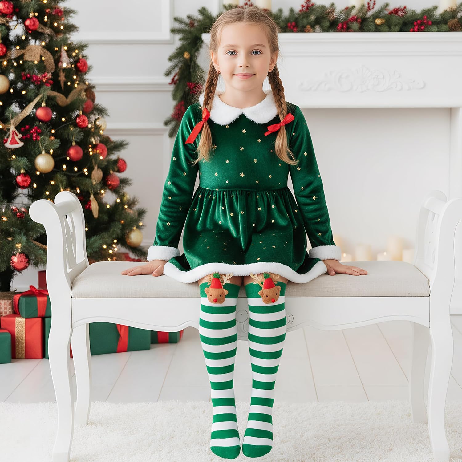 Girls Knee High Socks Christmas Green White Striped Socks with Cute Reindeer for Toddler Kids