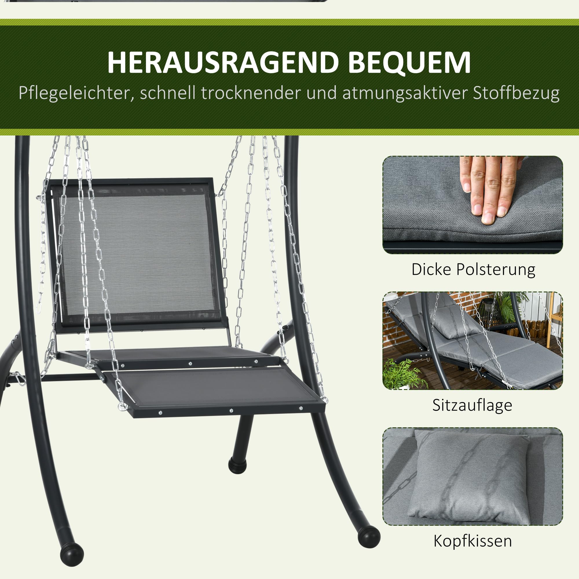 Outsunny Hollywoodschaukel, Gartenschaukel mit Kissen, Hängeliege mit Verstellbarem Sonnendach für Garten, Balkon, 108 x 145 cm x 169 cm, Stahl, Dunkelgrau
