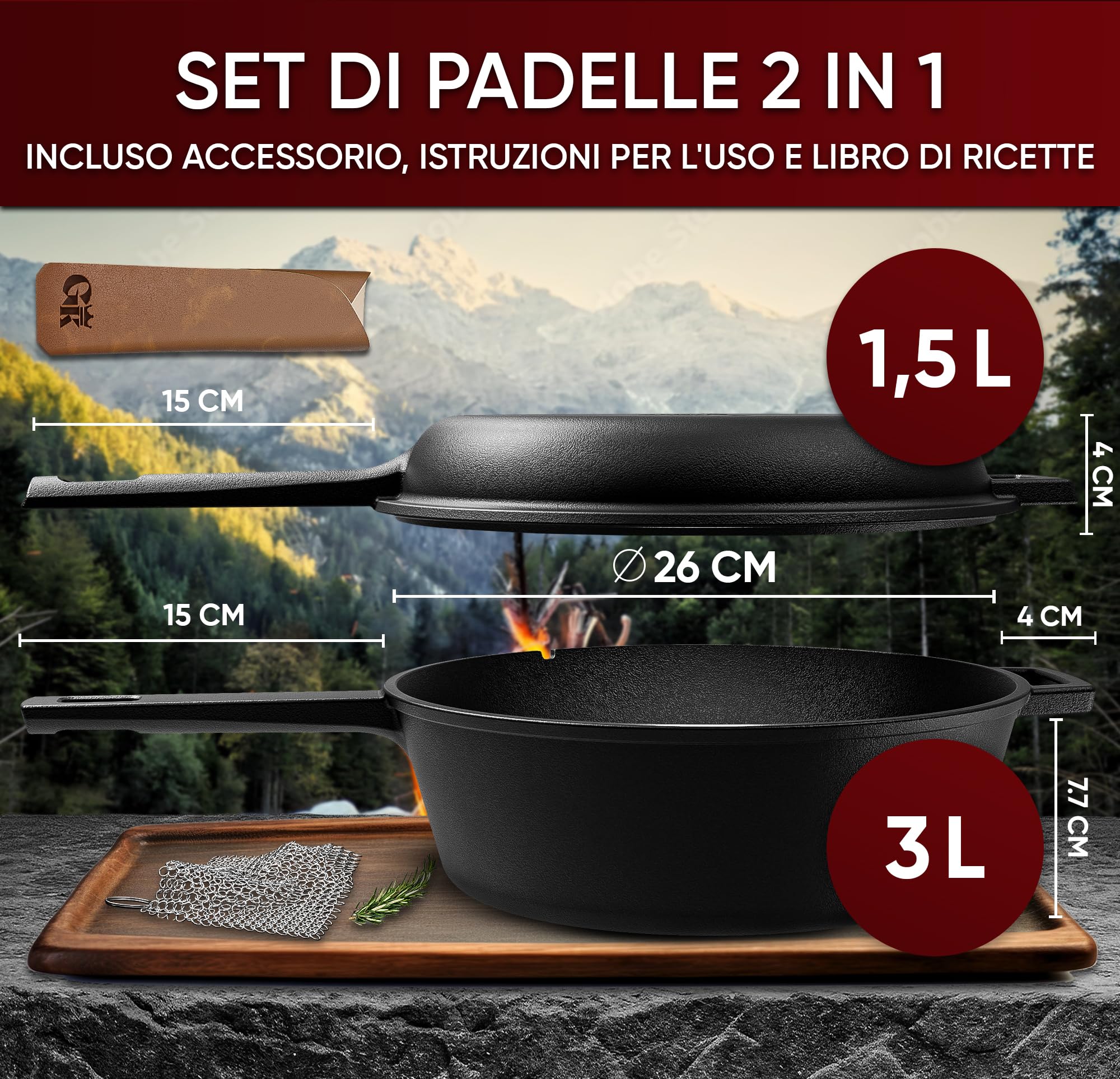 GUSSKÖNIG Dutch Oven - 2 in 1 Pentola in ghisa pre-stagionata 3L & Padella in ghisa 1,5L - Set Dutch Oven con funzione doppia Casseruola in Ghisa - Inclusi libro di ricette e accessori per BBQ