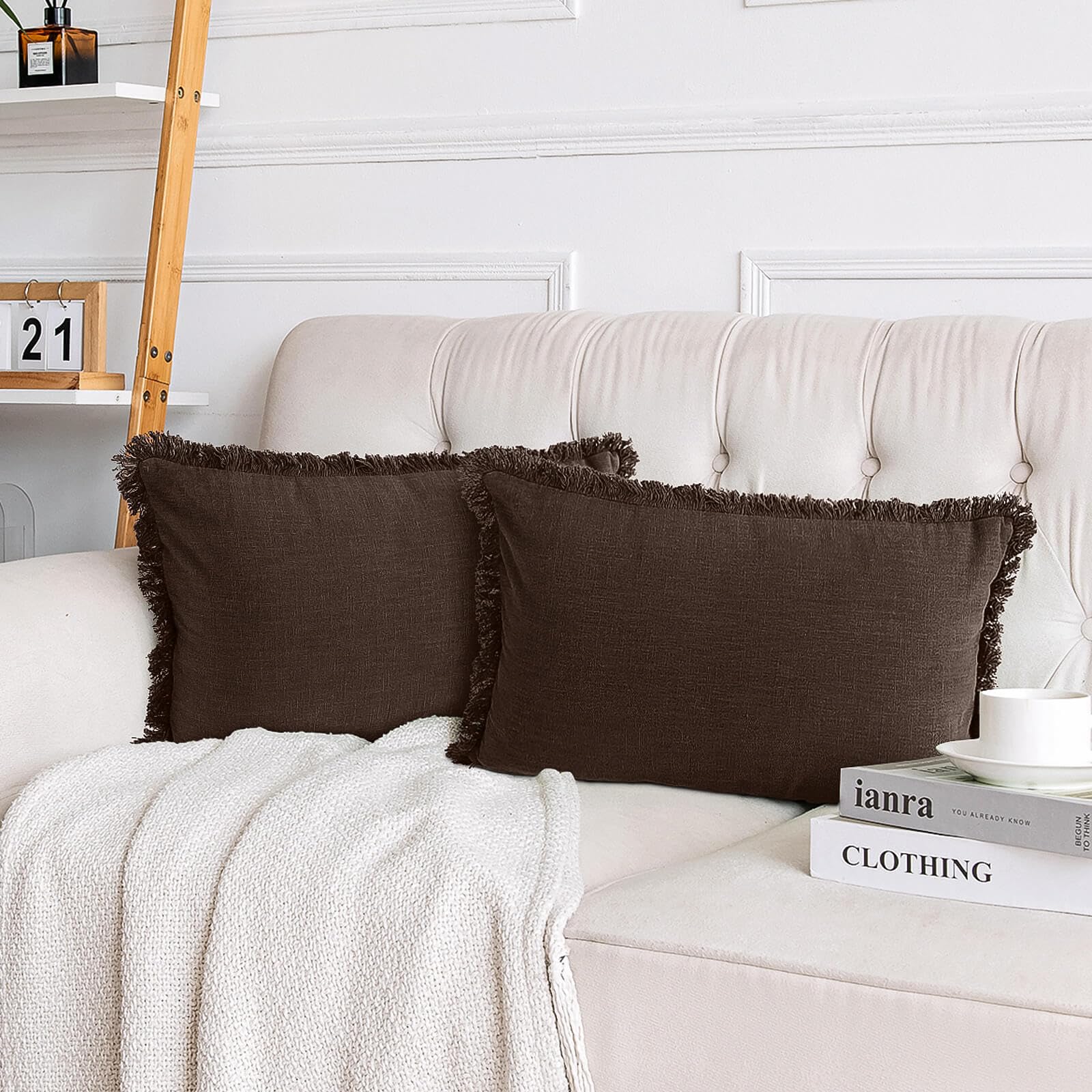 AmHoo Pack of 2 Linen Pillow Covers with Tassels Fringed Decorative Rustic Natural Throw Pillowcase Cushion for Couch Sofa Bedroom 12 x 20-Inch Brown
