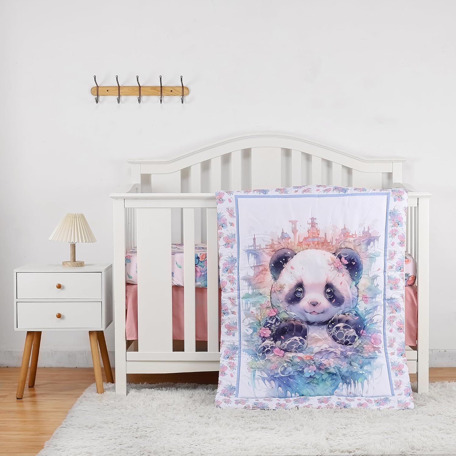 Foral Panda Crib Bedding Set for Girls, 3 Pieces Quilt, Fitted Sheet, Skirt