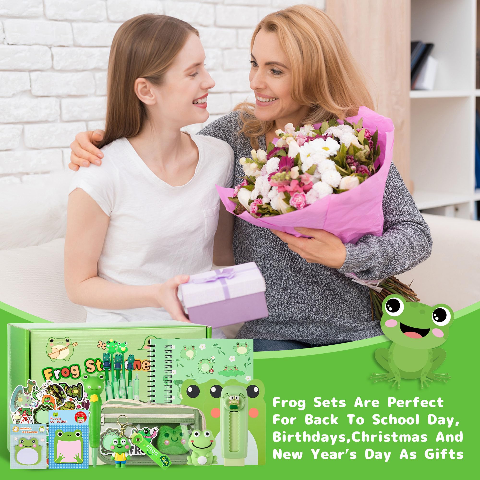 Simpatico set di cancelleria con panda in stile cartone animato, regalo di compleanno per ragazzi e ragazze, ricompense per ufficio con penna a sfera, matite, gomme, note adesive, ecc. (Rana)