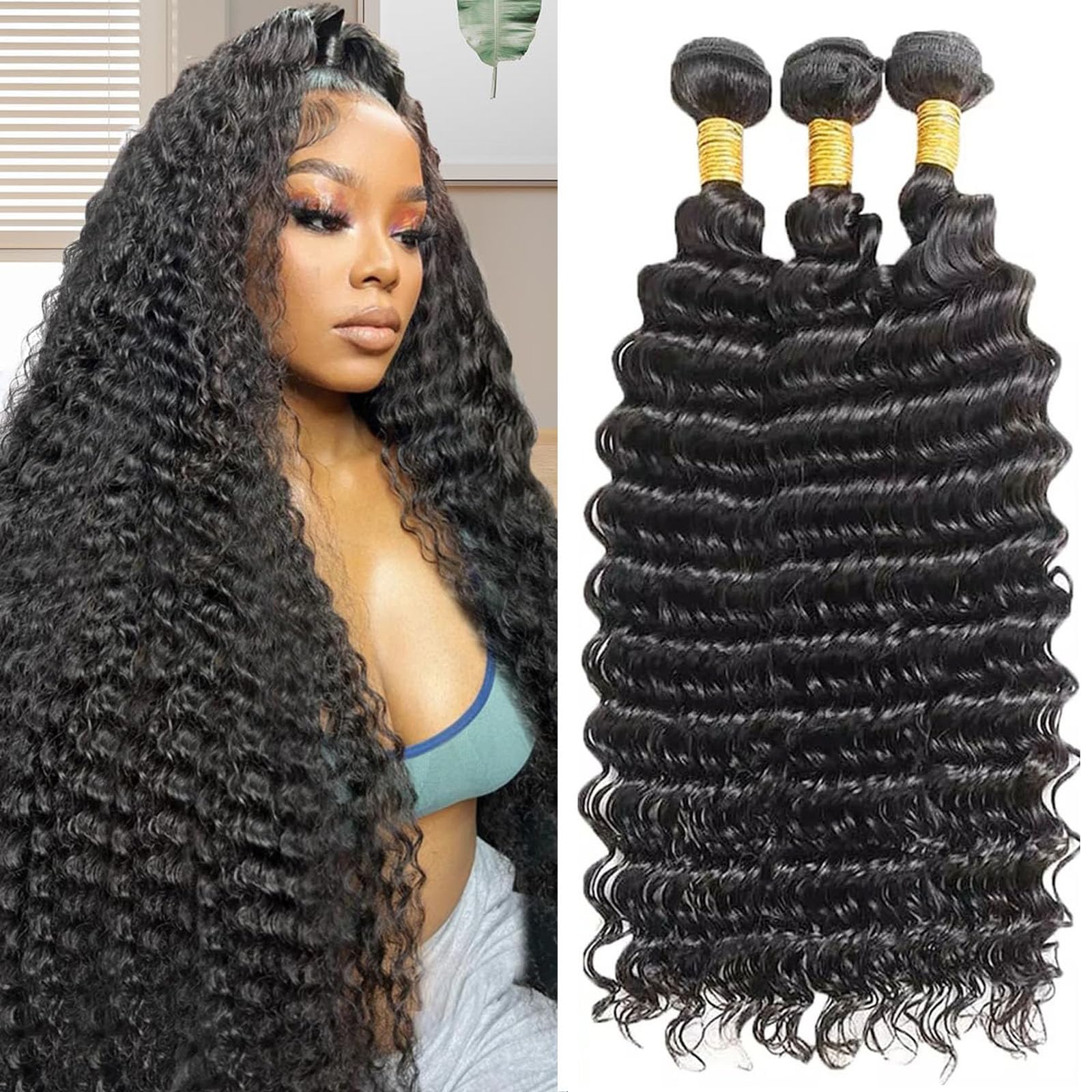 Deep Wave Human Hair Bundles 16 18 20 Inch Deep Curly Bundles Human Hair 12A Unprocessed Brazilian Virgin Weave Bundles 3 Bundles Real Human Hair