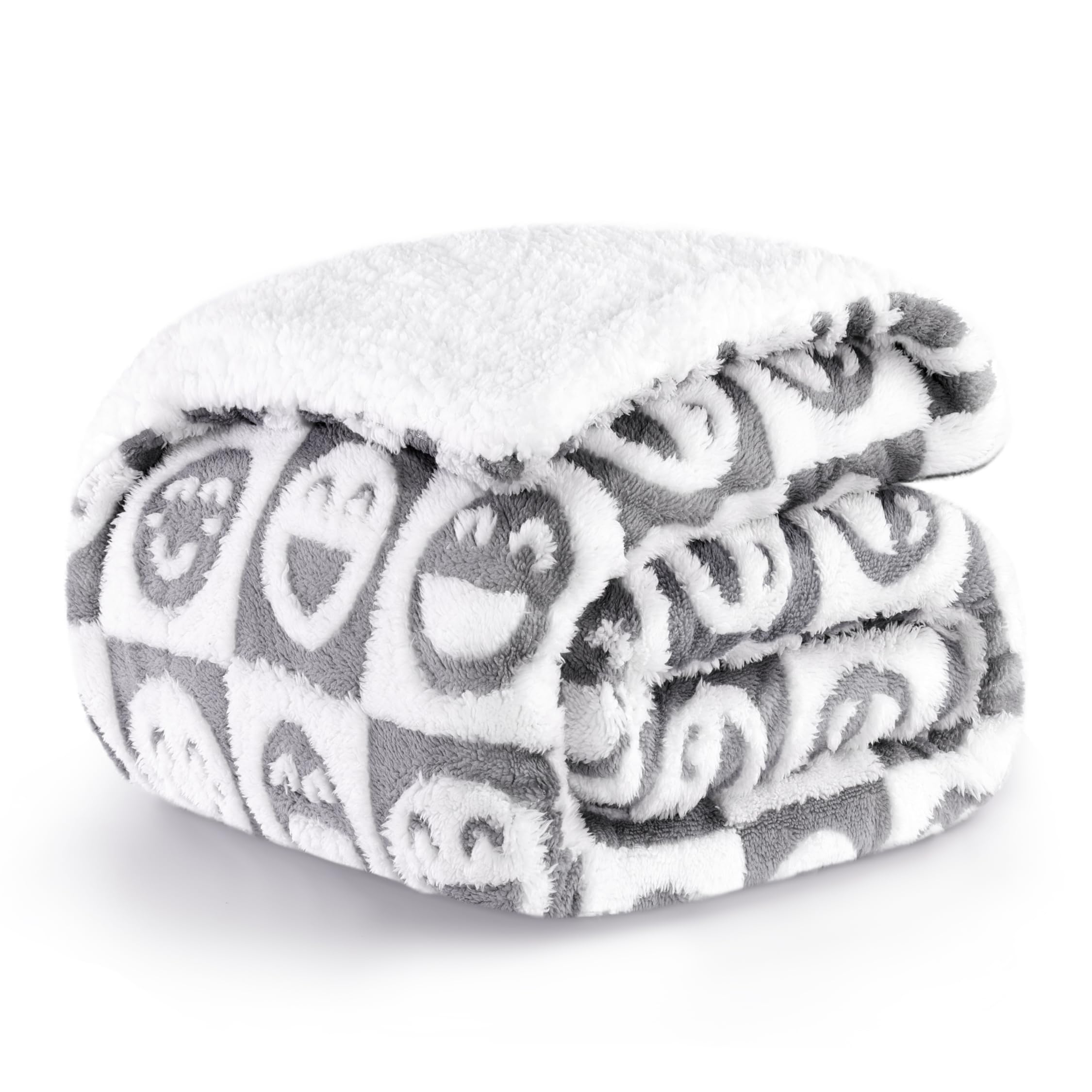 PanxHome Coperta Sherpa, Coperta Pile, 520GSM Coperta Matrimoniale, Super Coperta Jacquard Morbida e Accogliente, 160x200 cm, Smiley Jacquard Grigio