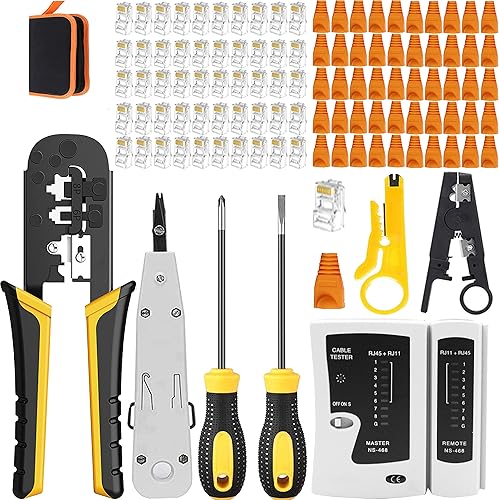LEATBUY RJ45 - Juego de herramientas de engarzado Cat5 Cat5e Cat6 RJ45, 50 conectores Ethernet LAN RJ45 Cat6, 50 unidades, probador de cables de
