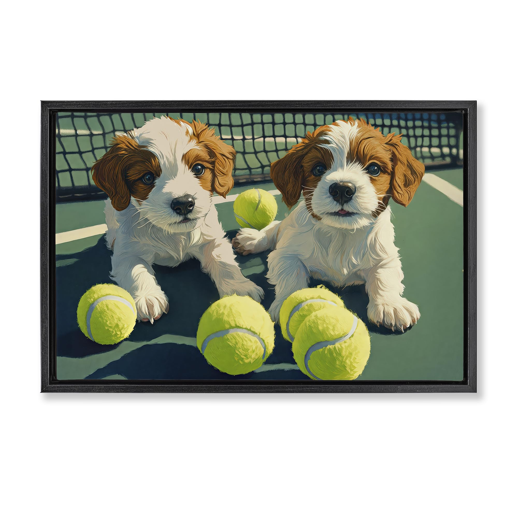 'Playful Puppies with Tennis Balls'| Floating Frame Canvas Art