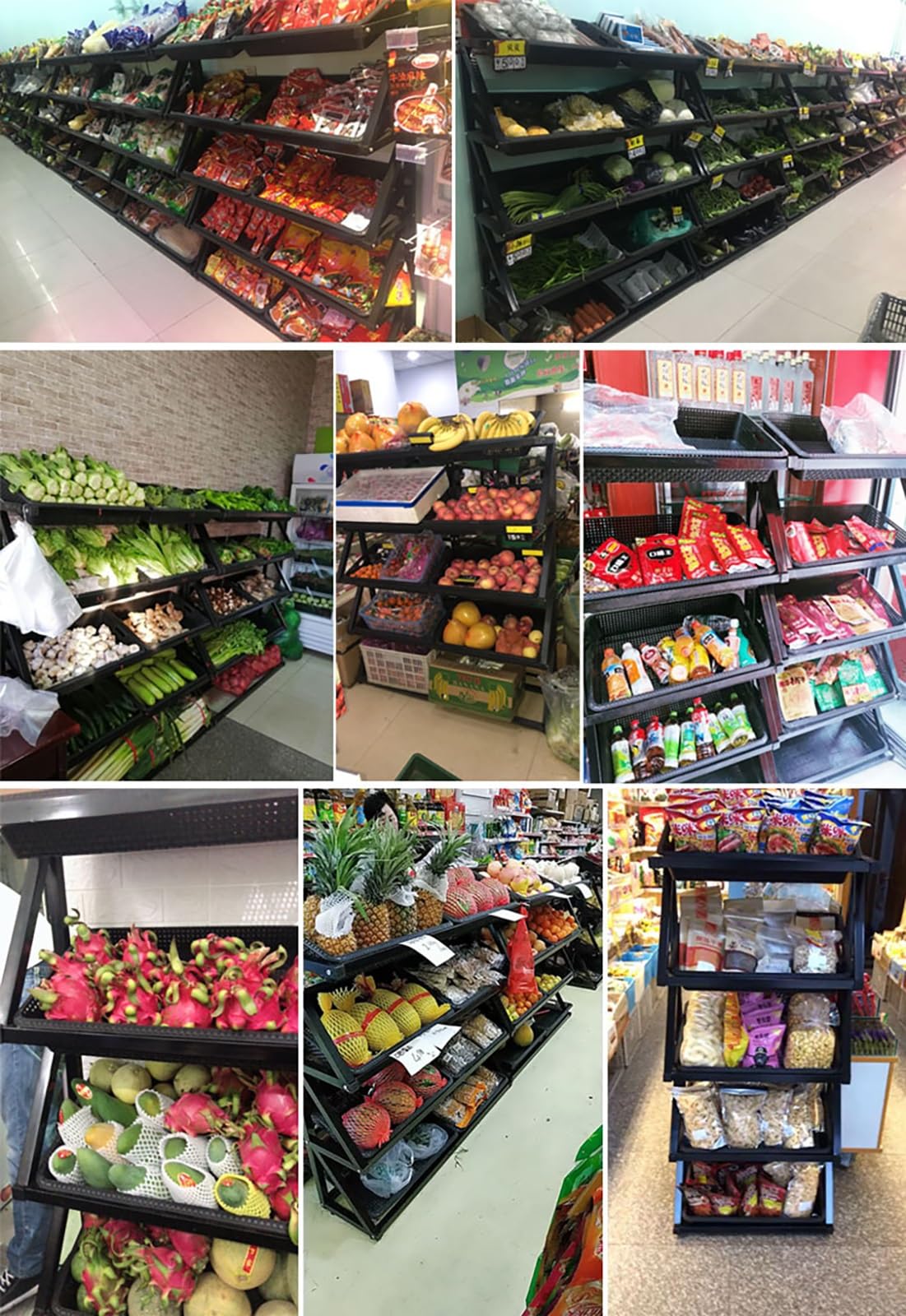 Estante de exhibición de frutas y verduras color negro, organizador de cesta de gran capacidad con almohadilla antideslizante, estante para supermercado de cocina, supermercado minorista