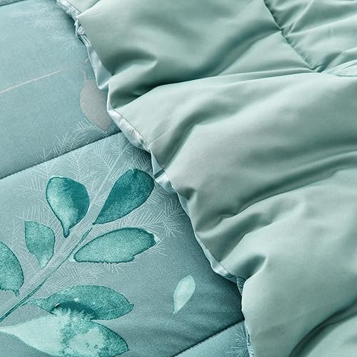 Miniatura 8 de Juego de edredón botánico verde tamaño Queen de 7 piezas de hojas florales verde azulado, cama reversible en una bolsa con juego de sábanas para
