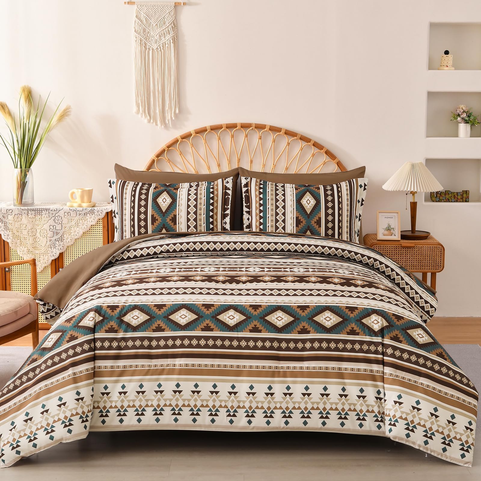 Dinjoy Brown Boho Comforter Set Queen Size,7 Pieces Bed in a Bag Queen Coffee Aztec Bedding Sets with Sheets Bohemian Geometric Striped Complete Set for Fall Winter 90"x90"