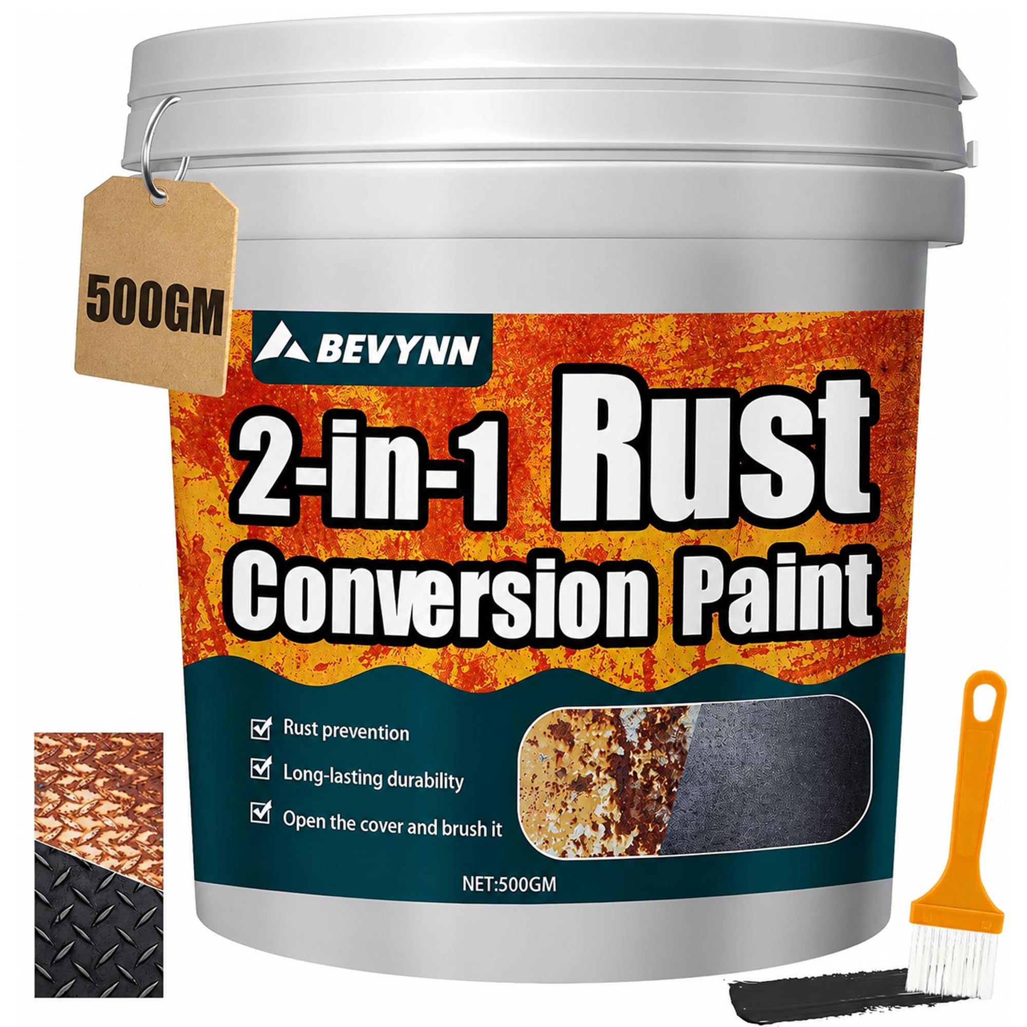 BEVYNN 500gm Rust Converter Paint & Metal Primer, Water-Based Metallic Paint with Brush, Rust Remover Agent, Corrosion Protection, Long-Lasting Anti-Rust Coating for Interior and Outdoor Use