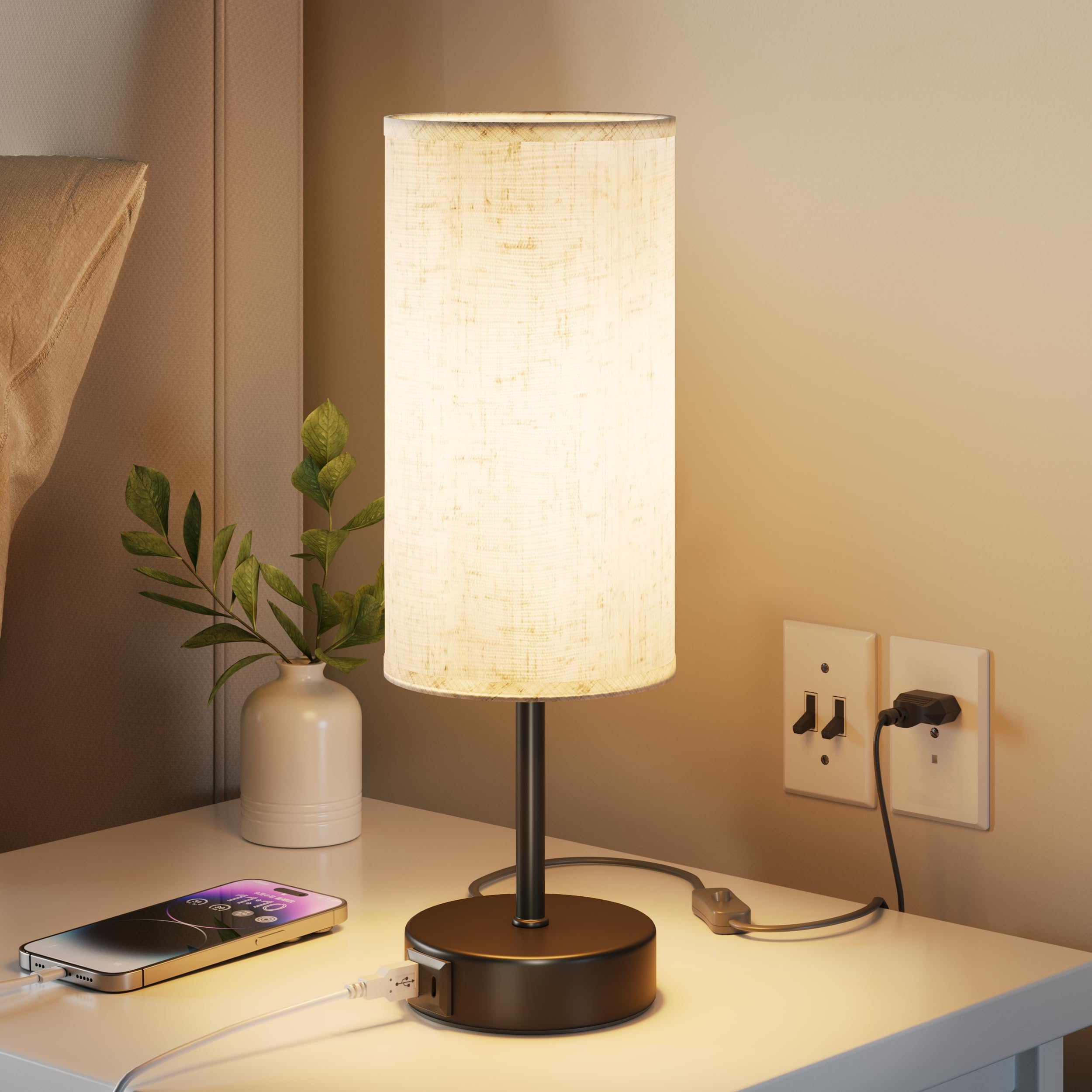 UPXNBOR Nachttischlampe mit Ladefunktion über USB-A- und USB-C-Anschlüsse, Leselampe, Schreibtischlampe, Nachttischlampe Touch Dimmbar, 3 Stufen Warmlicht, 1,5 m Netzkabel, Schwarz (E27-Lampe inkl)