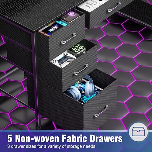 Miniatura 5 de Escritorio para juegos de computadora con gabinete, escritorio de oficina en casa con tomas de corriente, luz LED, 5 cajones de almacenamiento,