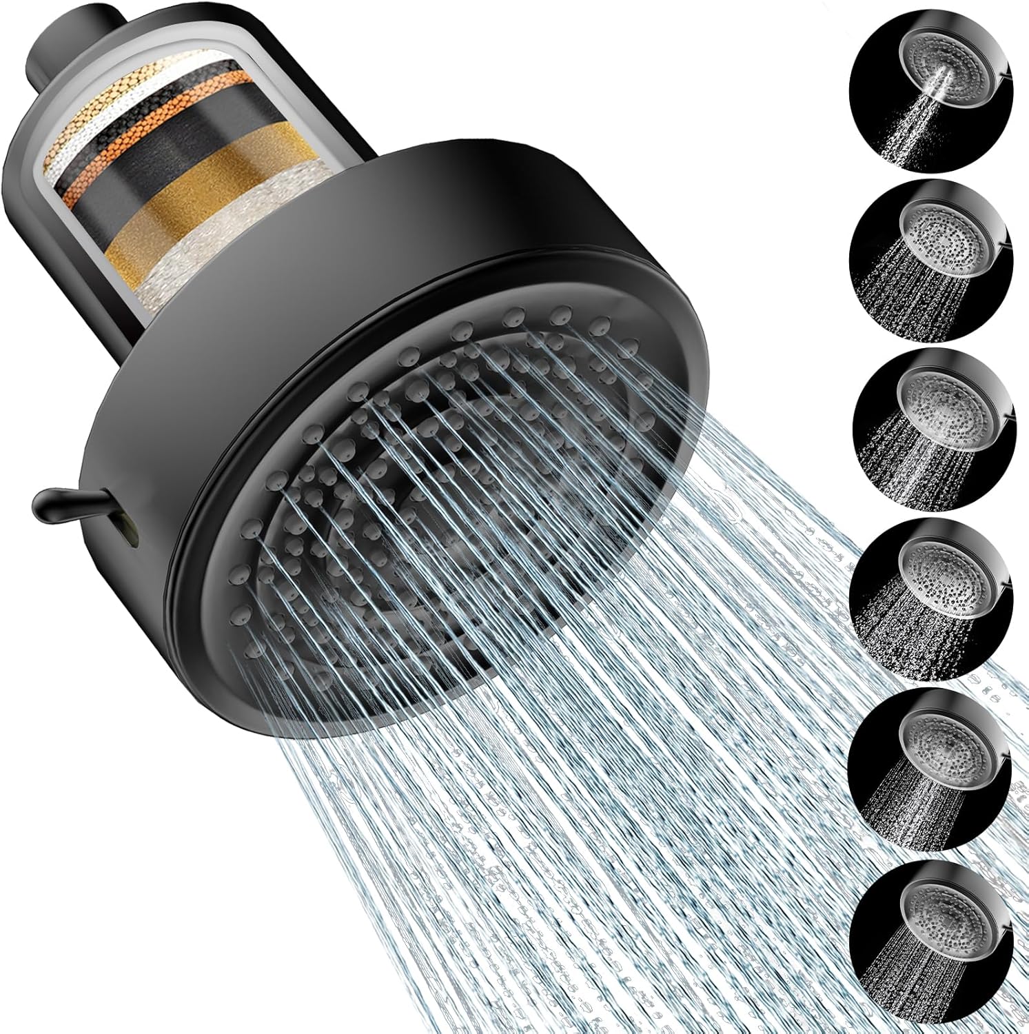 Filtered Shower head for Healthier Hair & Skin – Removes Chlorine & Heavy Metals,6 Mode Settings High Pressure Shower Head Filter for Hard Water, Easy install,One-touch Quickly Filter Replacement