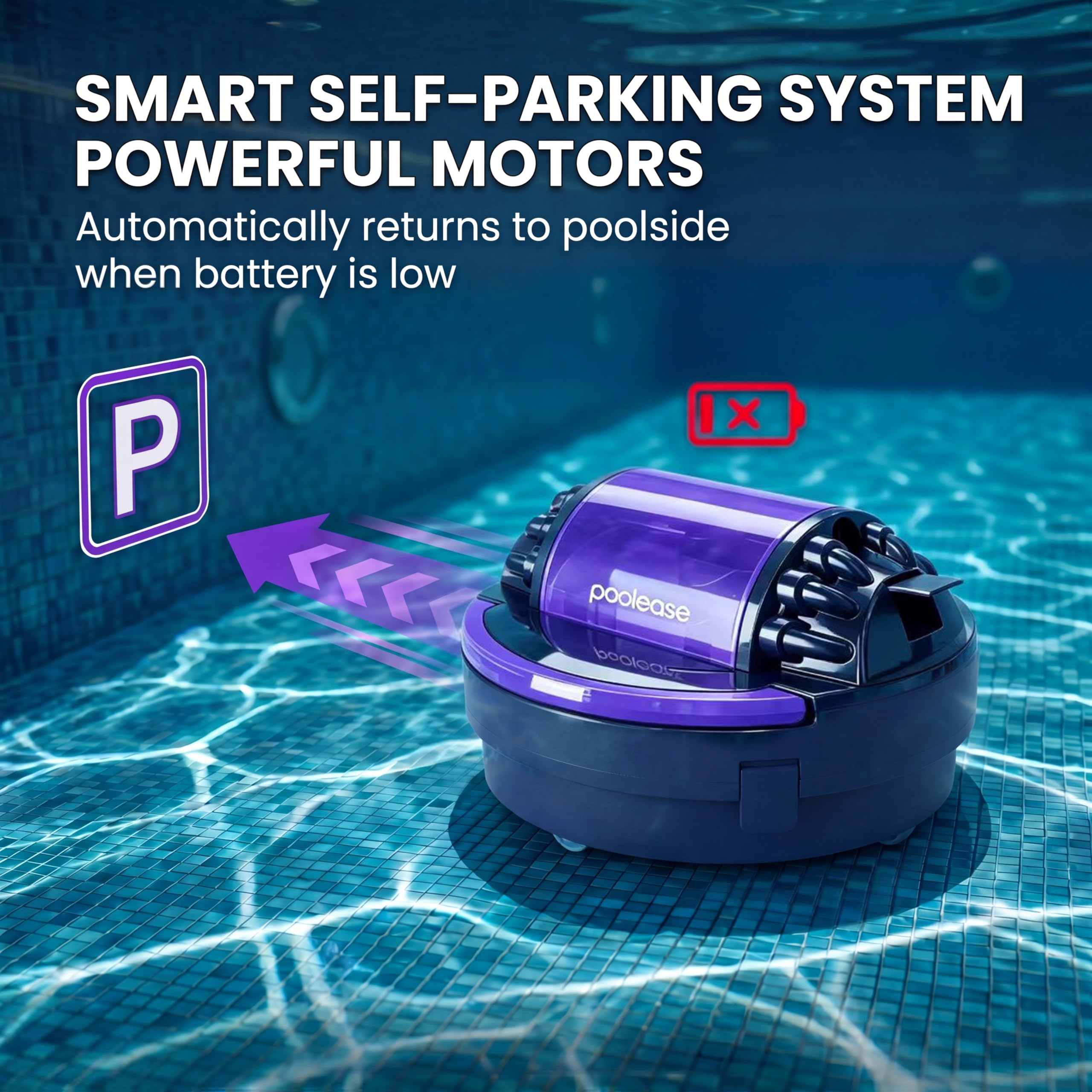 Poolroboter, Poolsauger Akku mit 100 Minuten Laufzeit, Automatische Reinigung mit Selbsteinparkfunktion, 2L Filterkapazität Poolreiniger für Flache Pools bis zu 90㎡