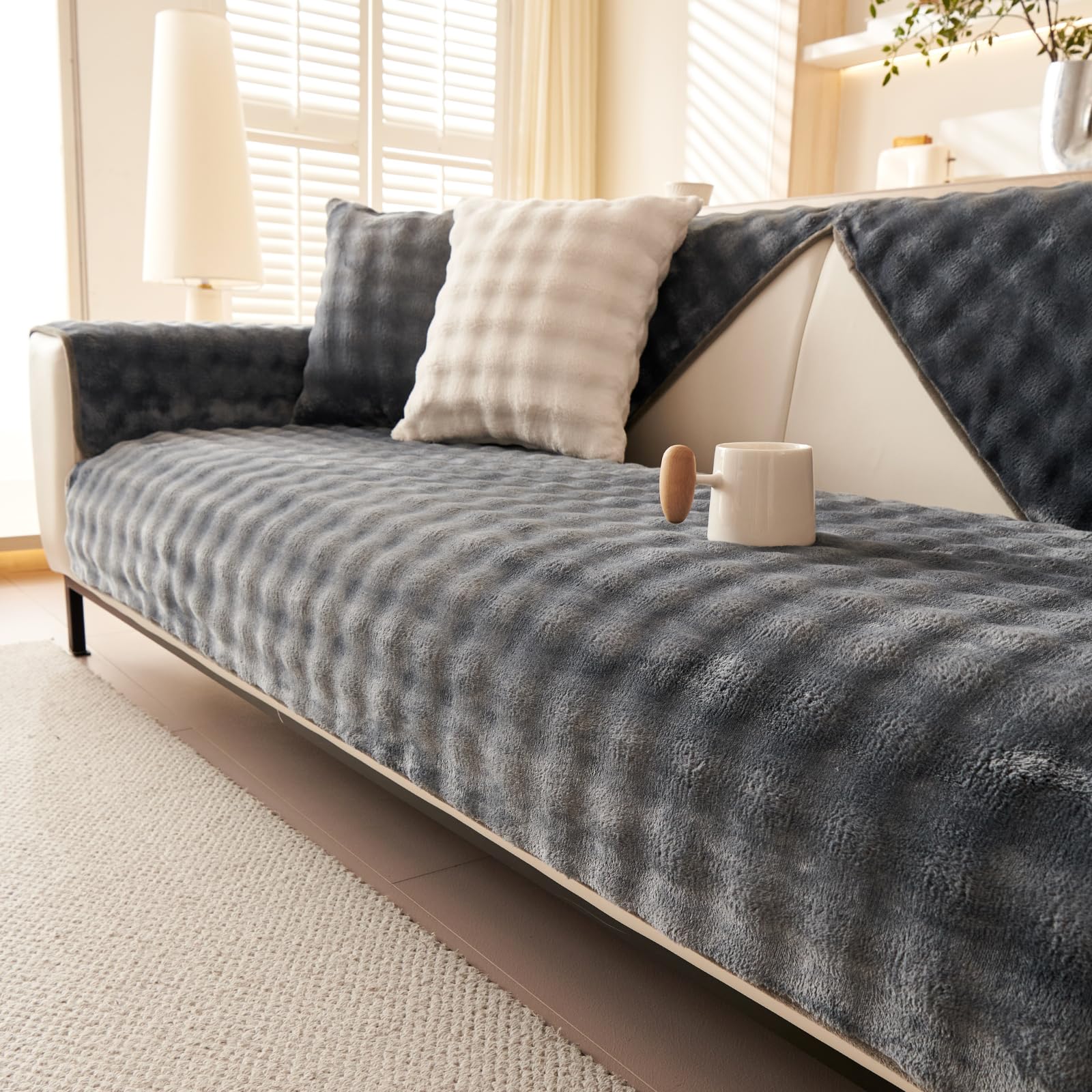 tianxinbaobei Velvet Couch Covers for Sofa Plush Sectional Sofa Covers Washable for Single Cushion Couch,Non-slip Chair Slipcover Sofa Covers for Pet Dog Furniture Protector(1PC,Dark Grey,35"x35") - Image 4