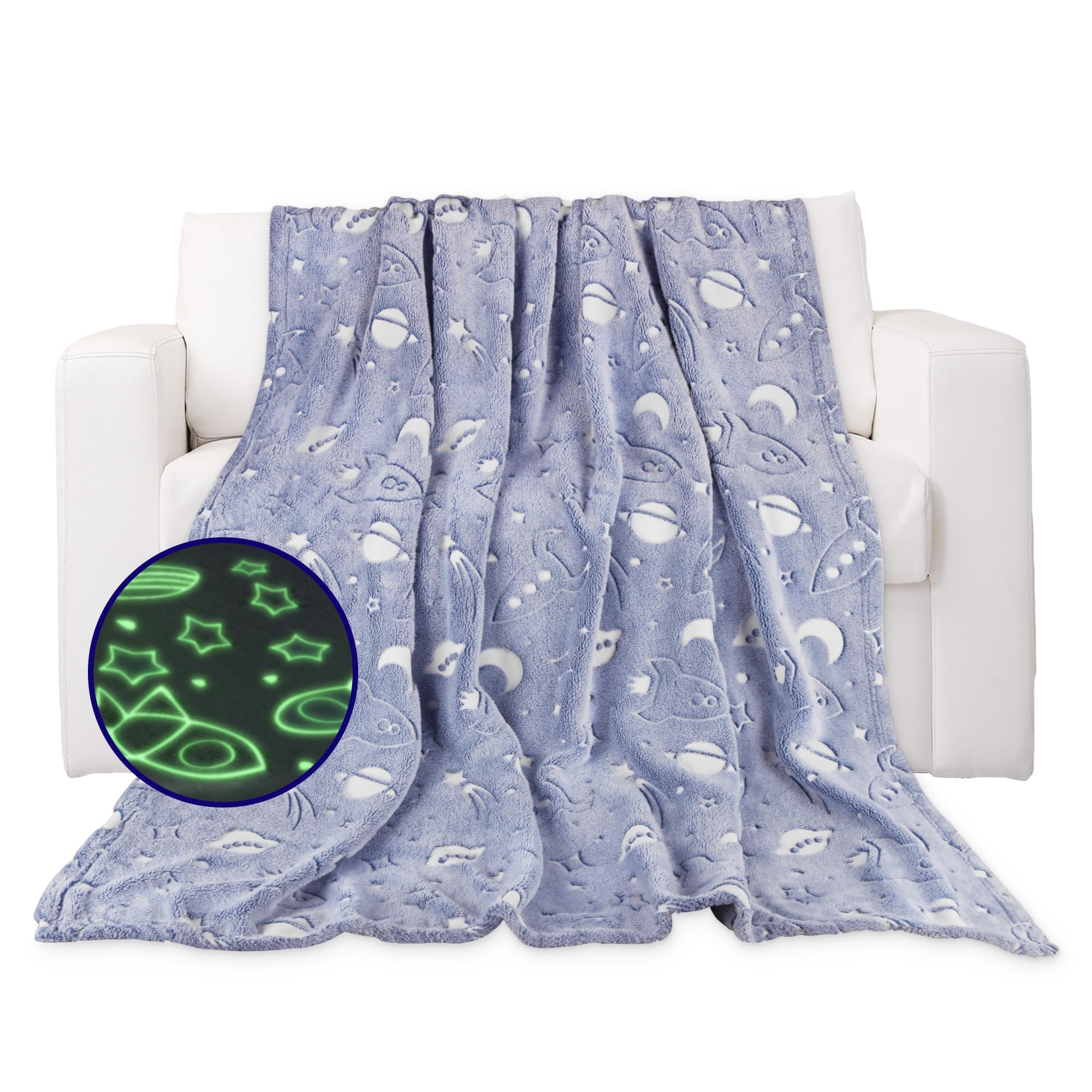 TERRIFI Glow in The Dark Blanket, 50" x 60" Throw Blankets Super Cozy Plush Soft Fleece Blanket for Girls Boys Birthday Gifts, Plush Star Pattern Bedroom, for Kids (Light Grey, Star Spaceship)