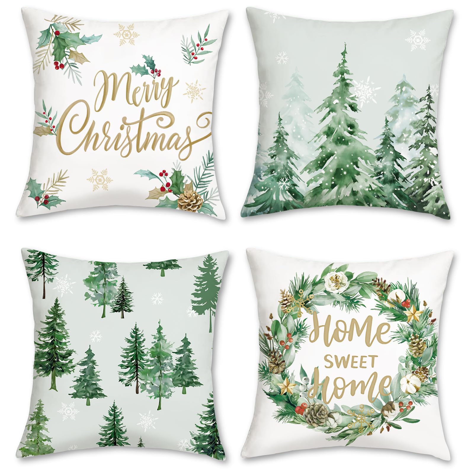 COZZSNUGE Weihnachten Kissenbezüge 45 x 45 cm, Grün Kiefern Blätter Kranz Schneeflocken Dekorative Kissenhülle Zierkissenbezüge für Sofa Wohnzimmer Zuhause Patio 4er Set