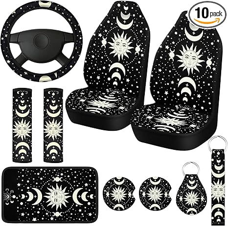 10 Pcs Moon Star Car Seat Covers Full Set Car Accessories for Women Front Seat Cover Steering Wheel Armrest Cover Belt Cover Cup Holder for Auto SUV Interior Decoration(Witch)