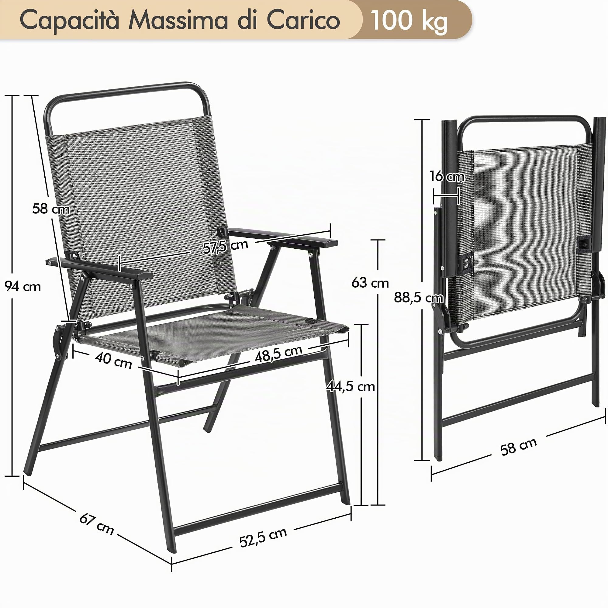 Yaheetech Set 2 Sedia da Giardino Pieghevole da Esterno Campeggio con Braccioli Telaio in Metallo e Seduta in Tessuto da Balcone Portata 100 kg Grigio