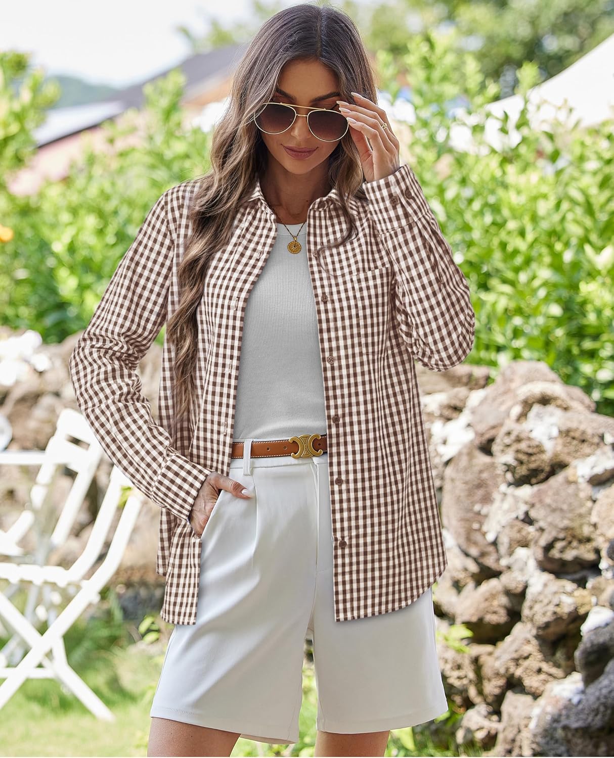 siliteelon Plaid Shirts for Women Gingham Top Button Down Long Sleeve Dress Shirts Cotton Casual Fitted Work Collared Blouse - Image 5